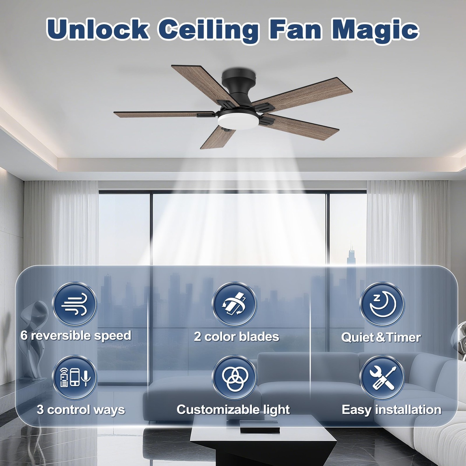 42″ Smart Low Profile Ceiling Fan with Lights Remote,6 speed Quite DC Motor,W…