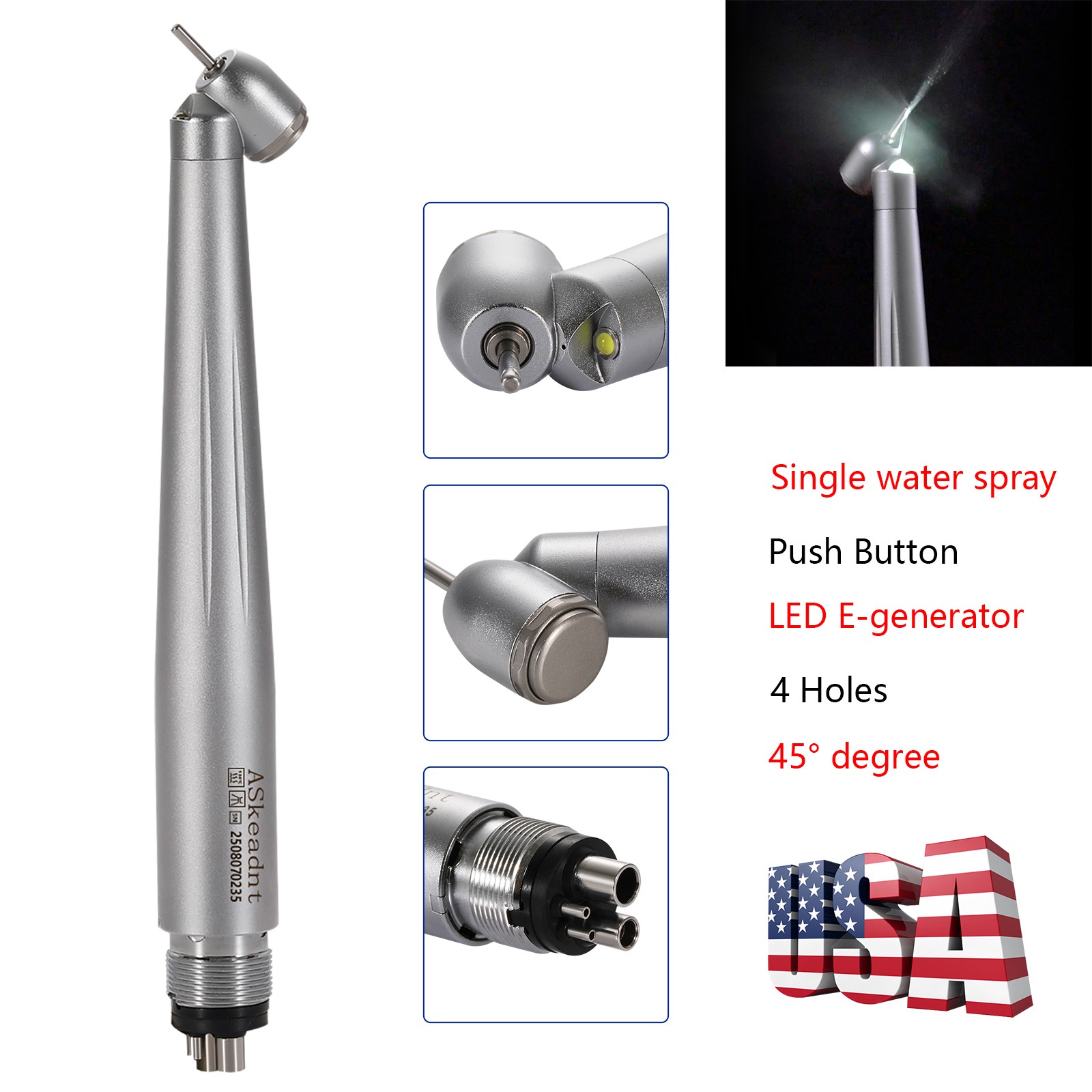 Dental 45 Degree 45° Angle LED E-generator High Speed Handpiece 4 holes ASkeadnt