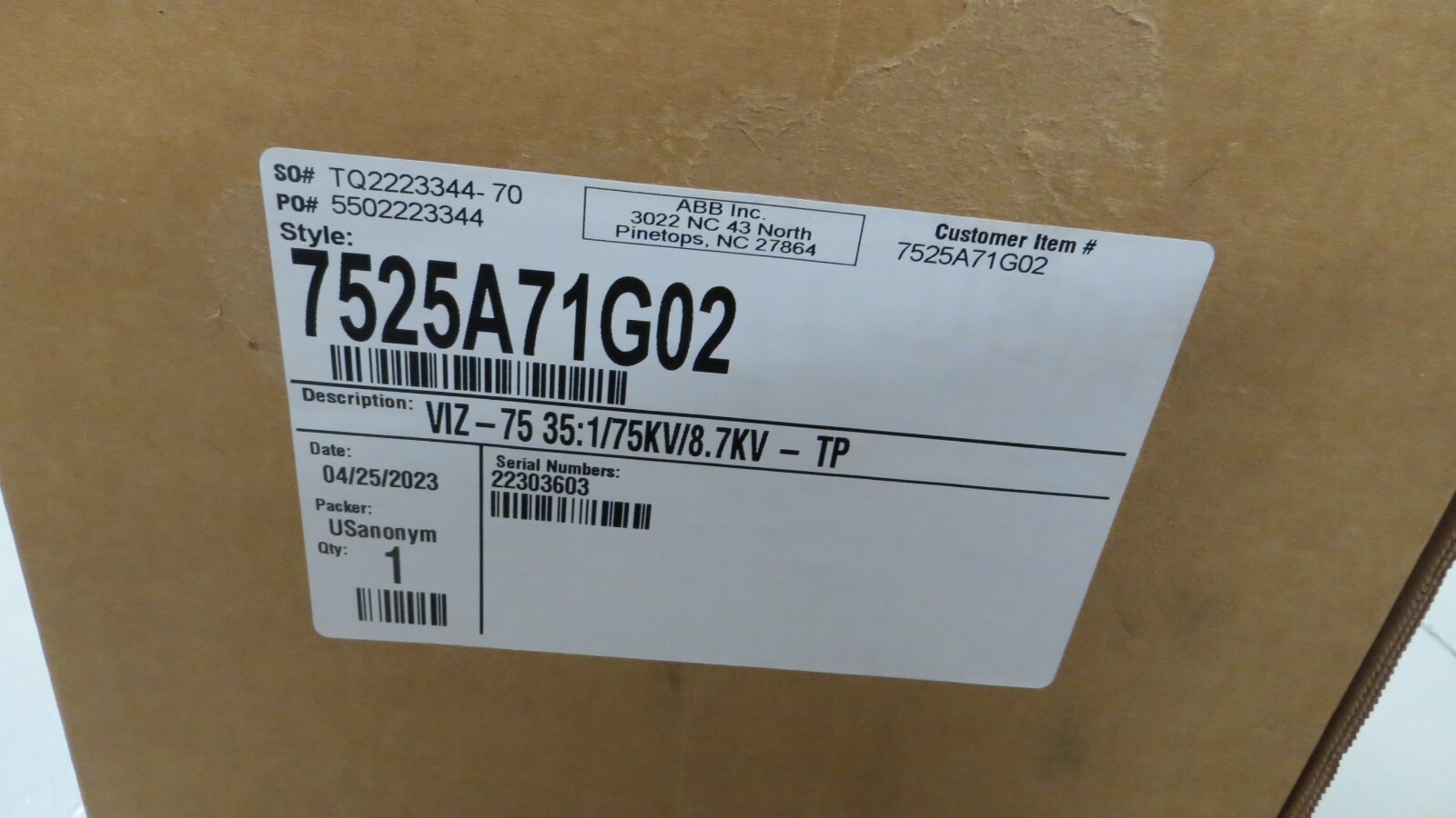 ABB 7525A71G02 – 35:1 VIZ-75 POTENTIAL TRANSFORMER 4200-120V, 35:1, L-to-G