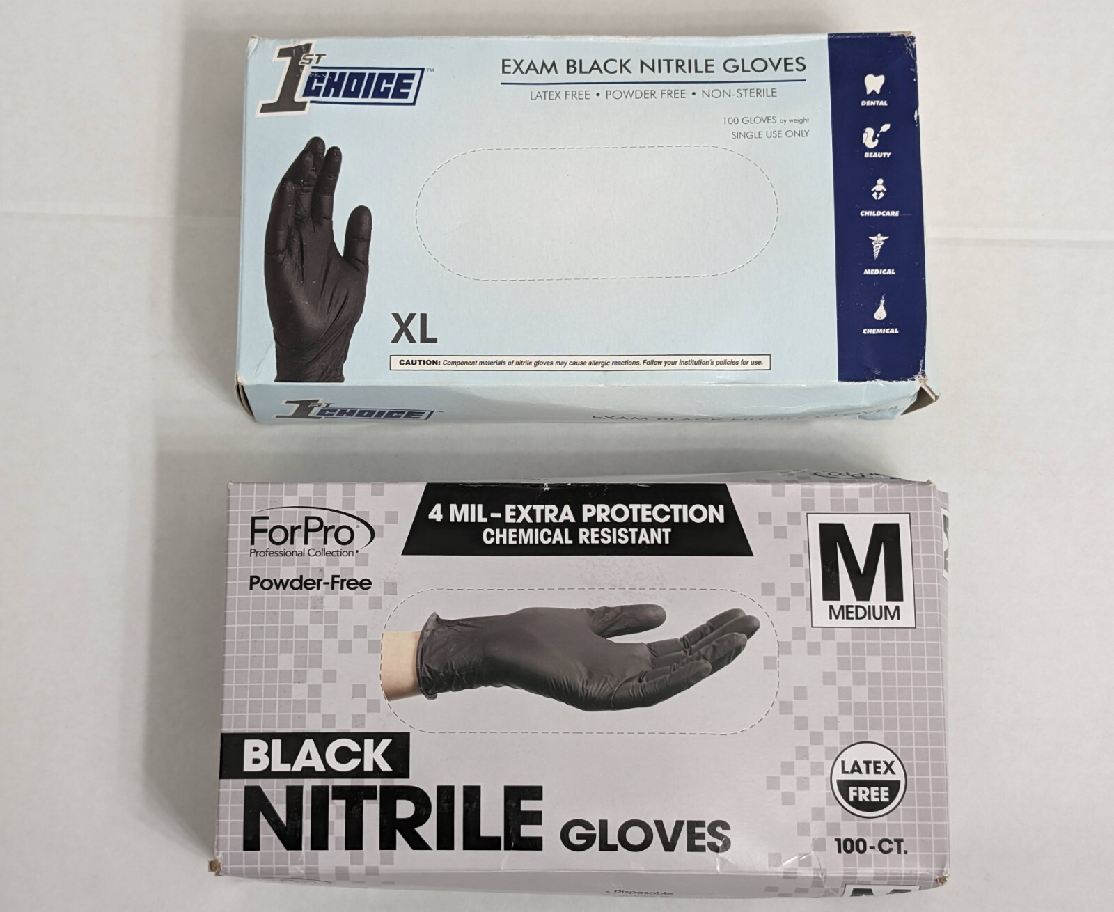 Set of 1st Choice Black Nitrile Disposable 3 Mil XL/Forpro Black M Nitrile 4 Mil
