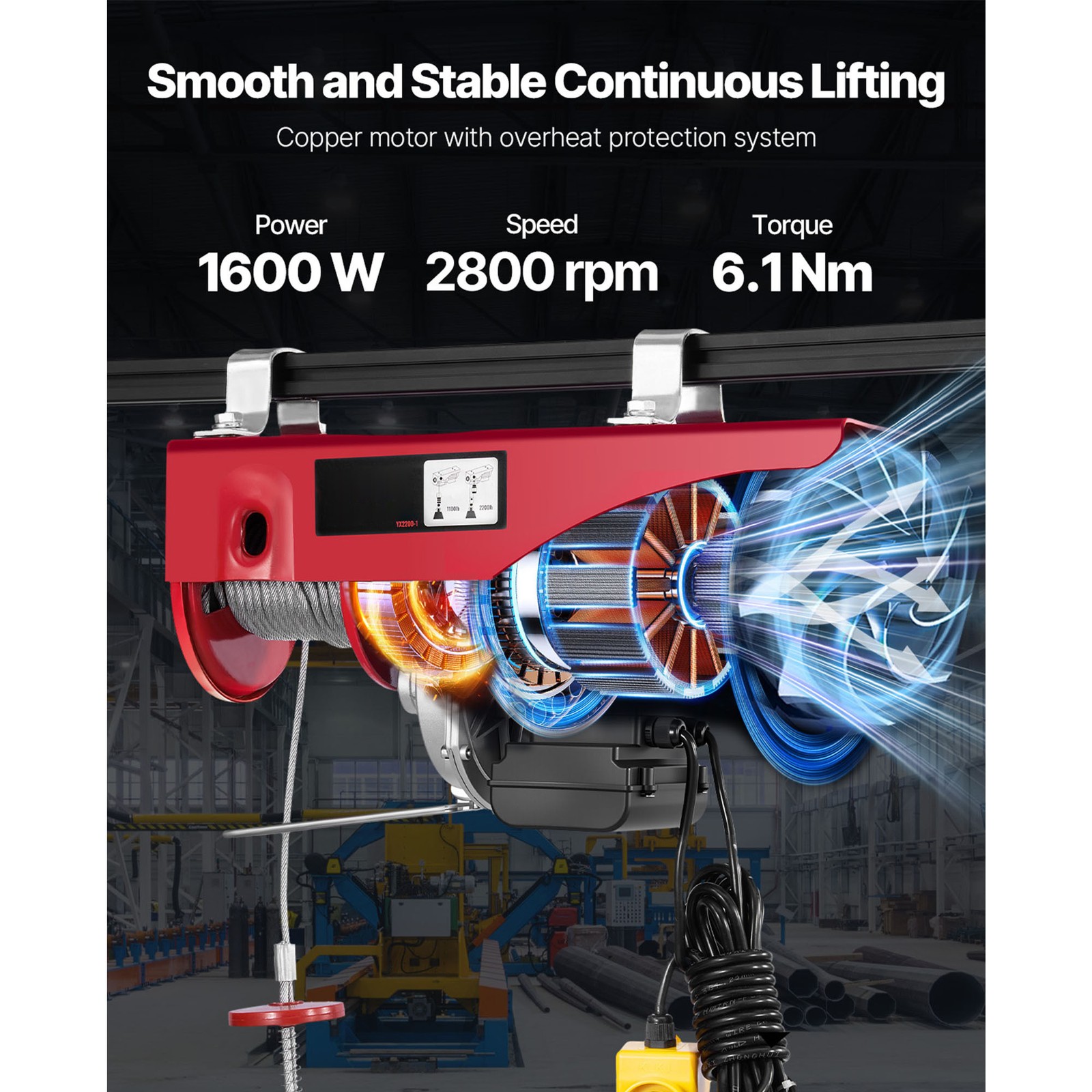 Uimoso Electric Hoist 2200lbs Crane Winch with Wired Remote Control 1600W 110V