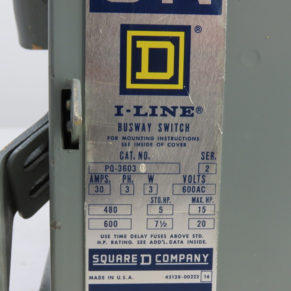 Square D PQ-3603G I-Line Fusible Busway Plug Switch Unit 30A 3P 3W 600V