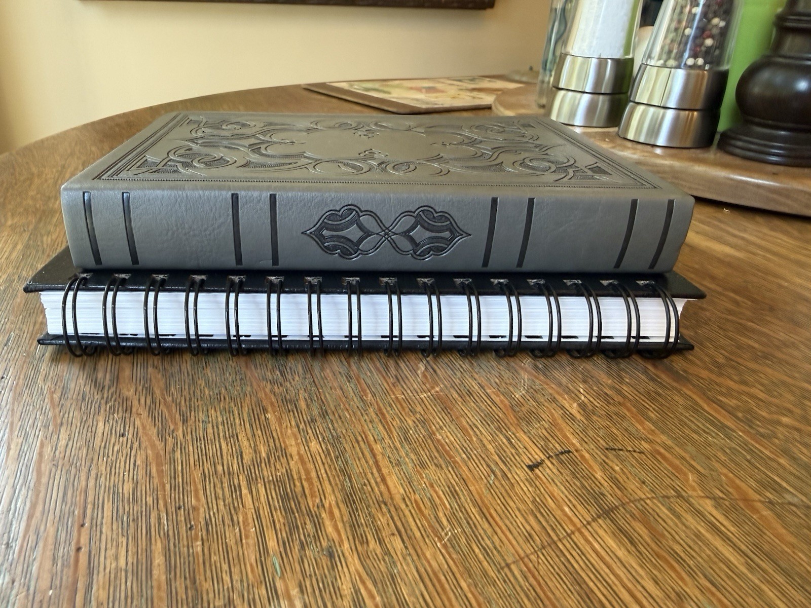 Two Journals Blank Pages One Carved Leather Bound, One Spiral Bound Leatherette