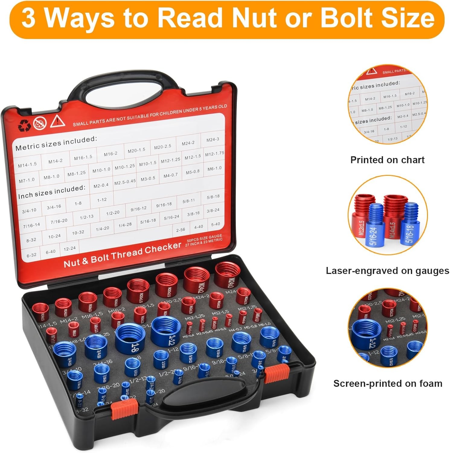 50Pcs Nut & Bolt Thread Checker Gauge 27 Standard 23 Metric Size Finder Tool Set