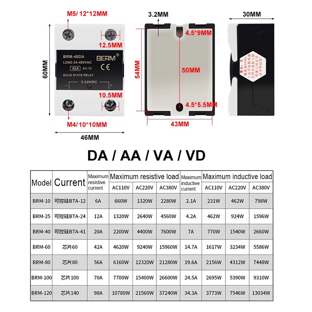 BRM-DA/AA/VA/VD/LA Single Phase Solid State Relay Module 10/25/40/60/80/100/120