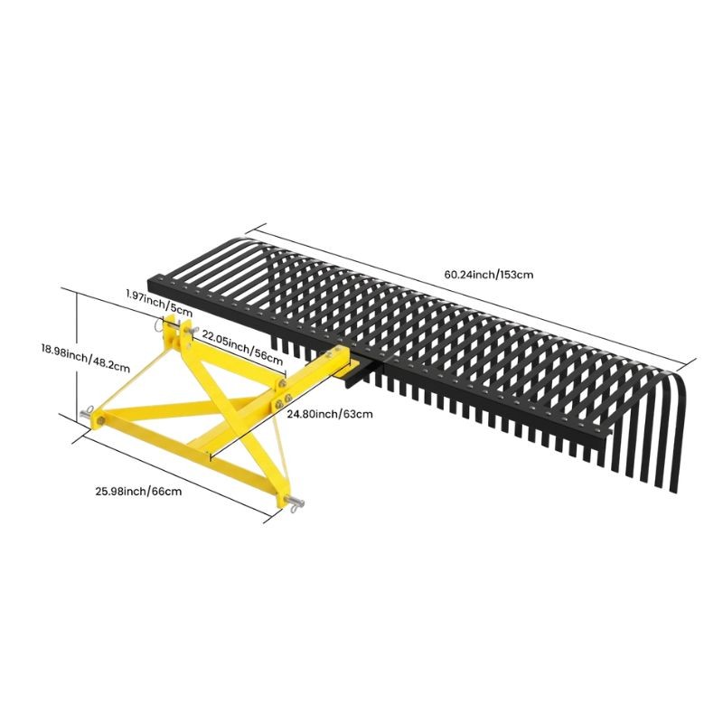 60″ Landscape Rock Rake 3 Point Cat 1 Tractor Attachment Soil Gravel Lawn Heavy