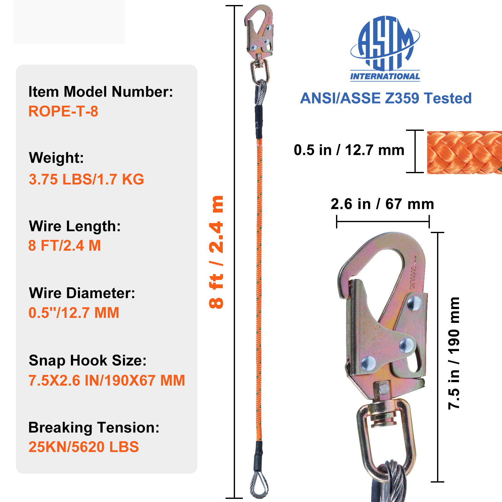 VEVOR Steel Core flipline 1/2″ x 8′ Arborist Flipline for Tree Climbing