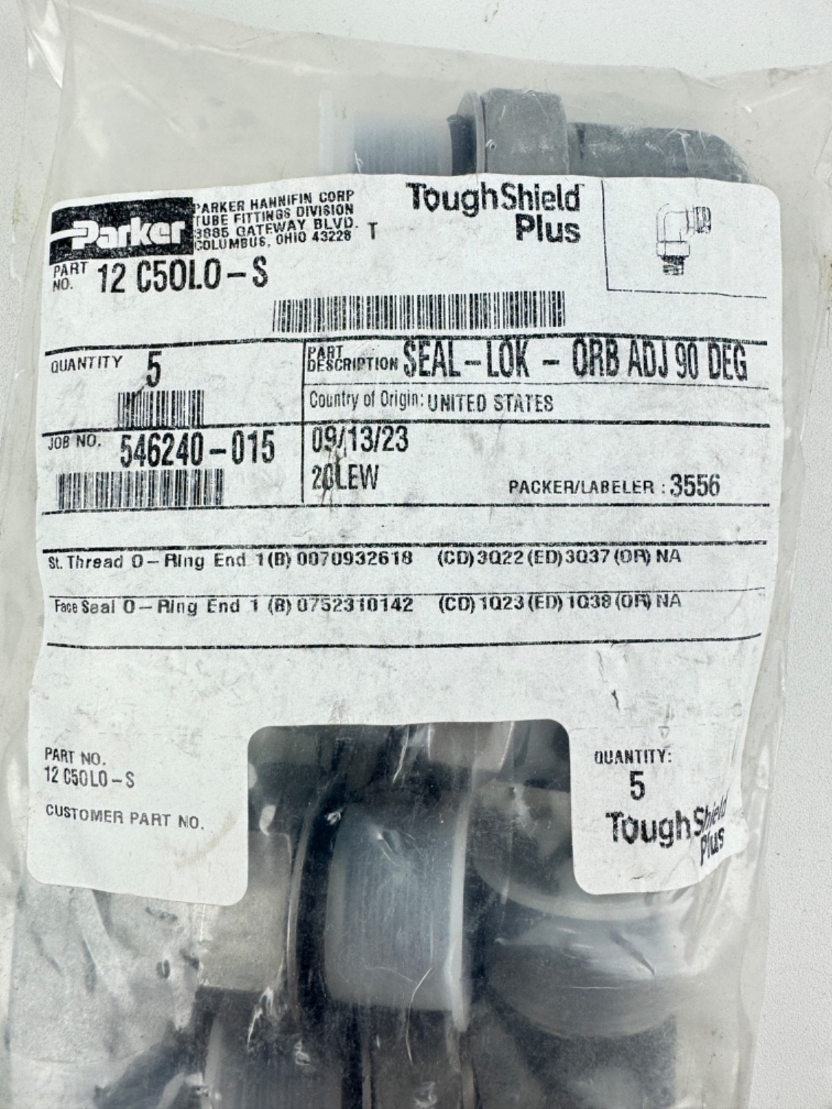 PARKER 12C50L0-S STRAIGHT ELBOW SEAL-LOK-ORB ADJ 90 DEGREES *BAG OF 5*