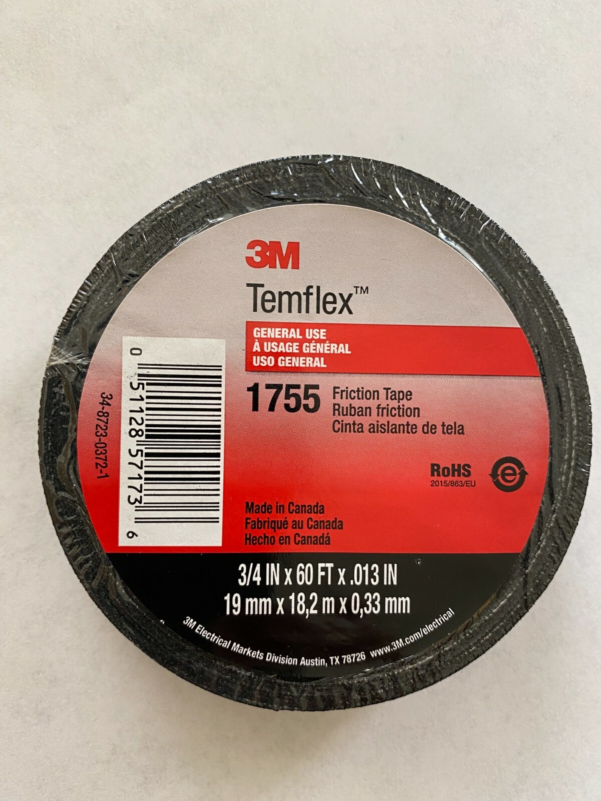 3M Temflex #1755 Rubber Cotton Friction Grip Tape 3/4″ x 60 ft
