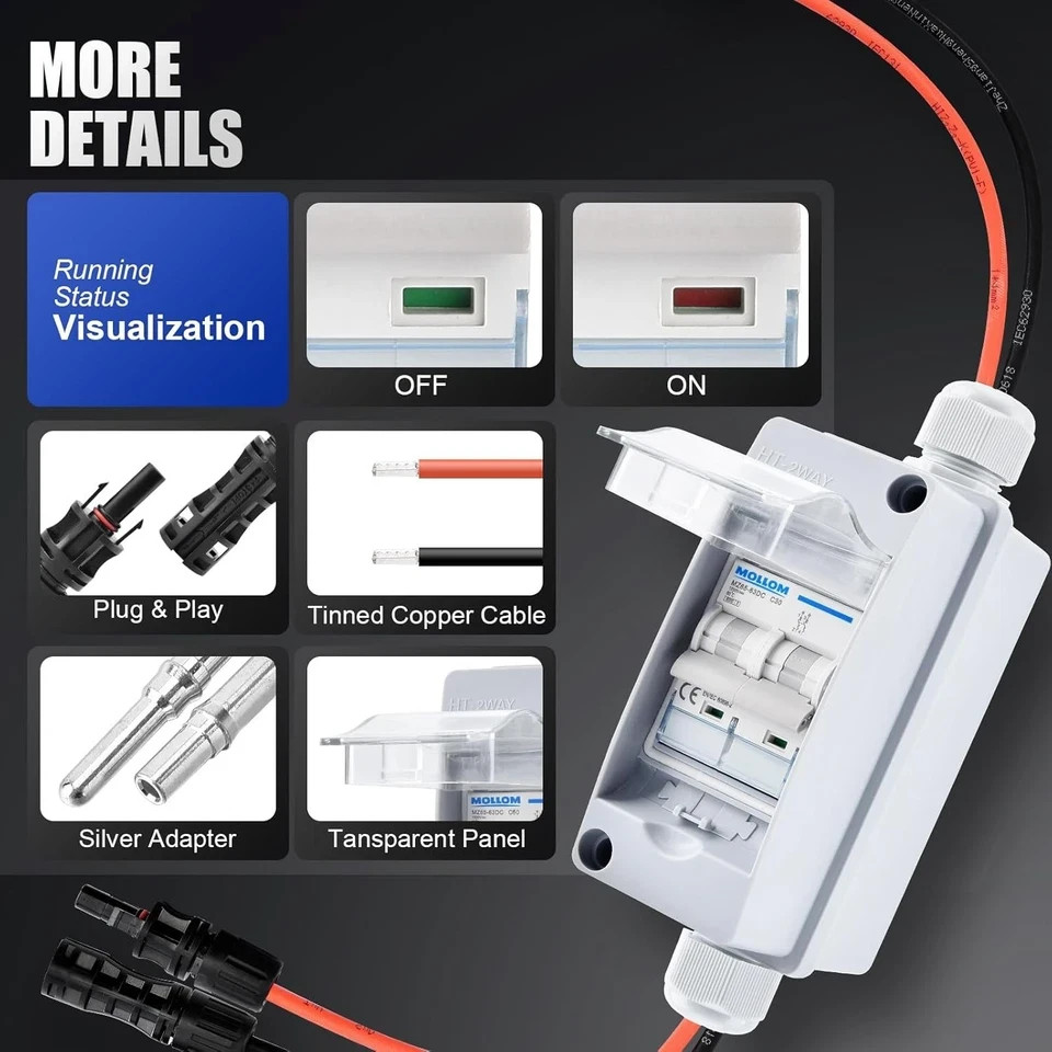 Solar Panel Disconnect Switch 1000V 30A IP65 DC Breaker Box 2P PV Circuit