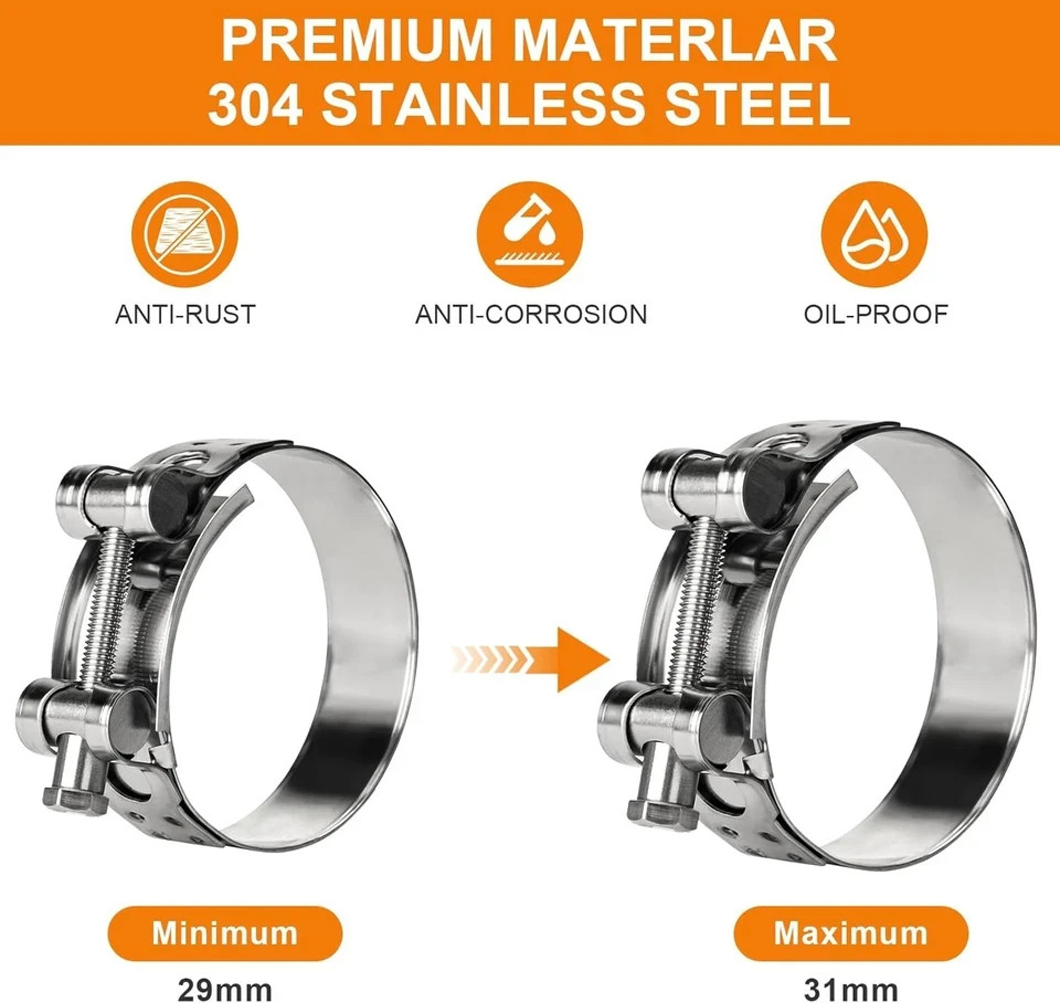 T-Bolt Hose Clamps 304 Stainless Steel (29-31mm 4-Pack) – Heavy Duty Adjustable