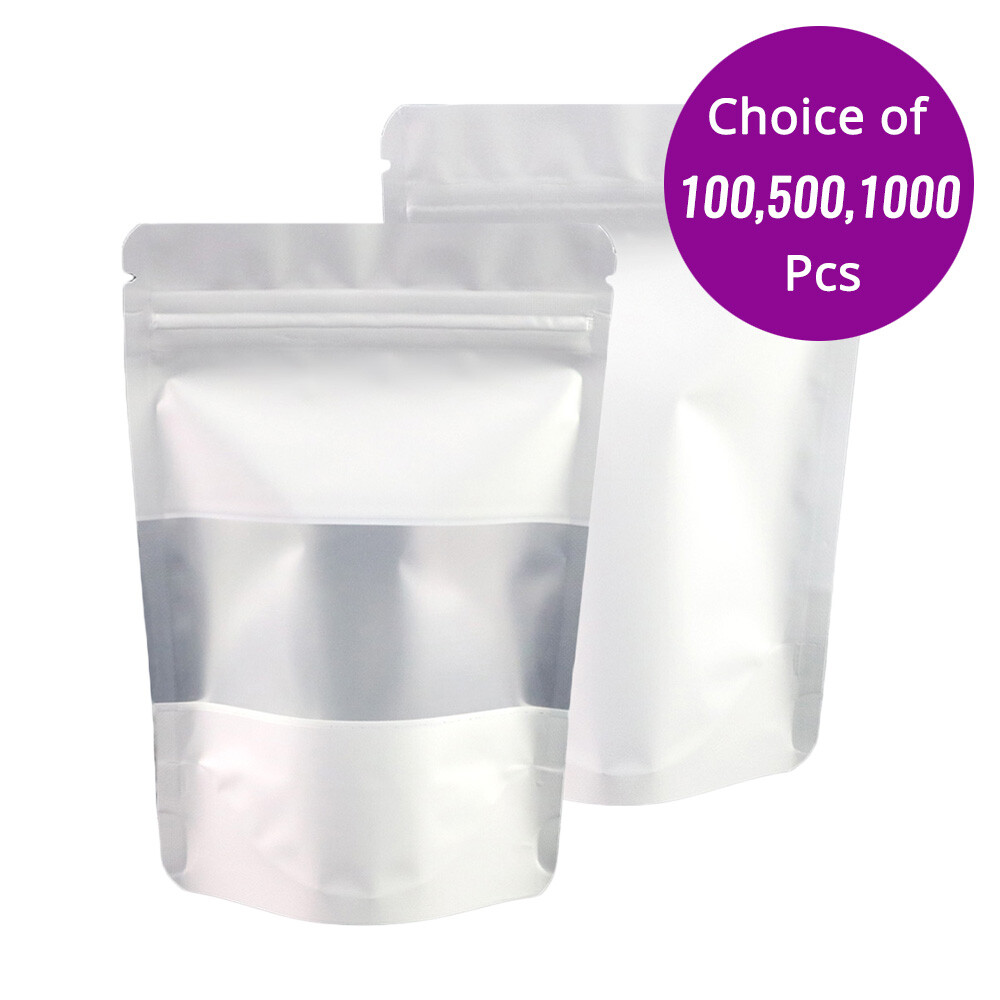5.5×7.75in White Foil Mylar Matte Stand Up Zip Lock Bag w/ Window & Machine