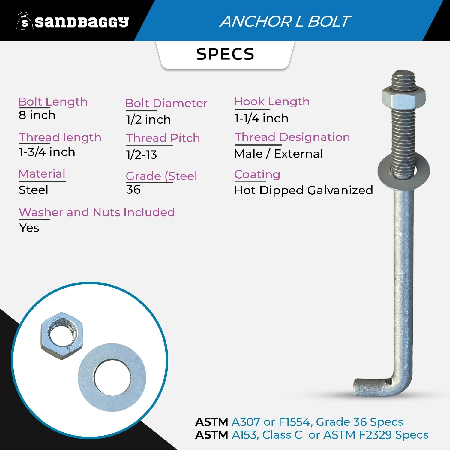 Sandbaggy 1/2″ x 8″ Threaded Concrete Anchor L-Bolts – Hot Dipped Galvanized
