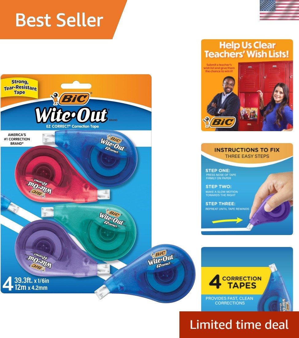 BIC EZ Correct Correction Tape, White, No Dry Time, Tear Resistant Tape, 4-Count