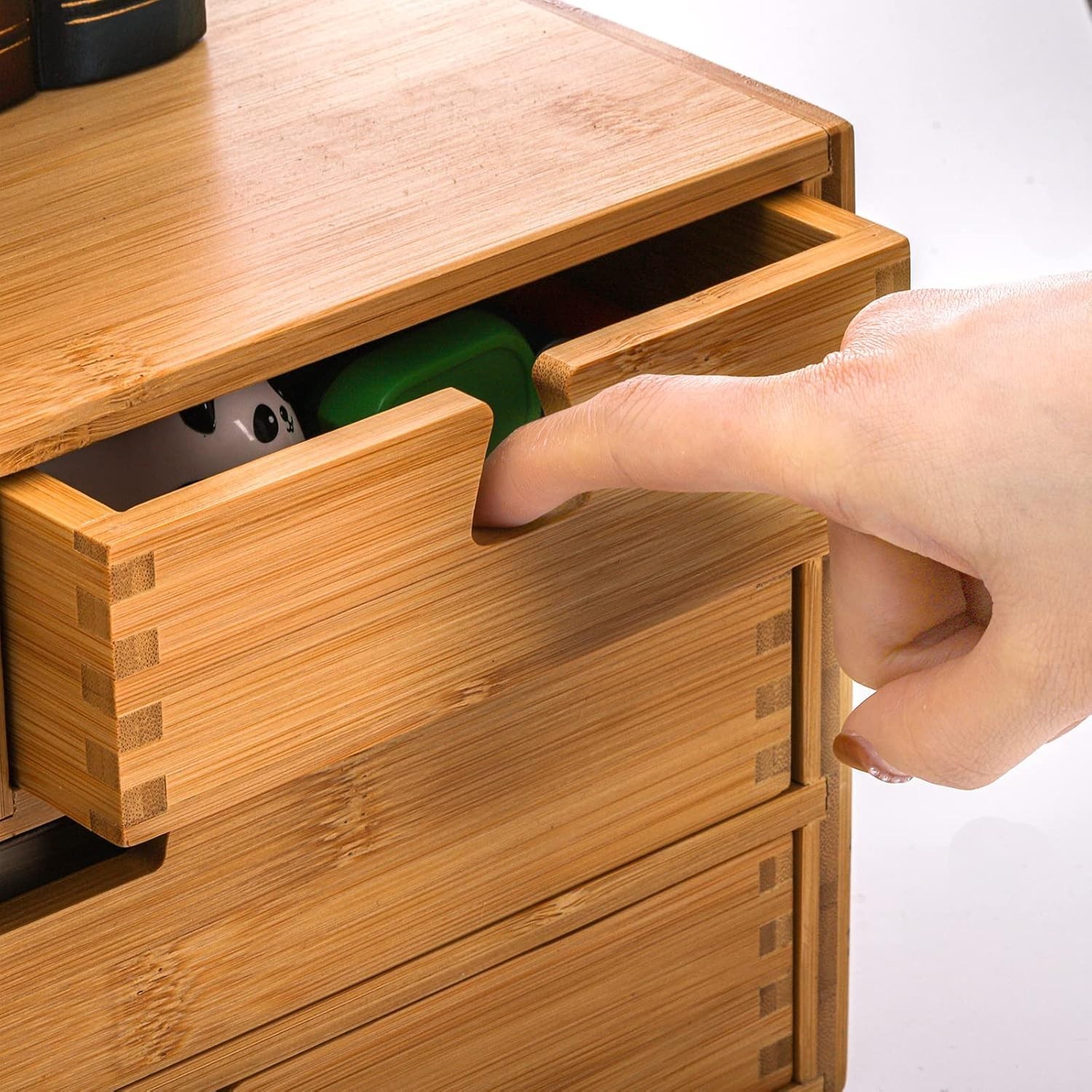 Bamboo Desk Organizer, Natural Bamboo Desktop Storage Box with 4 Drawers