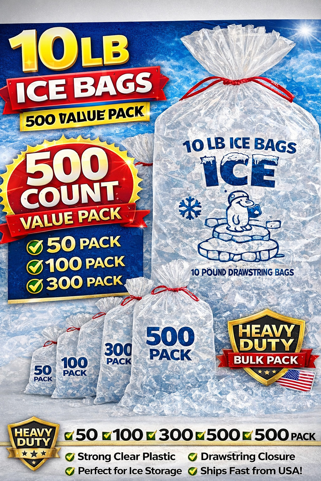 10 LB Ice Bags Drawstring Heavy Duty Clear Plastic Bulk 50 100 300 500PACK