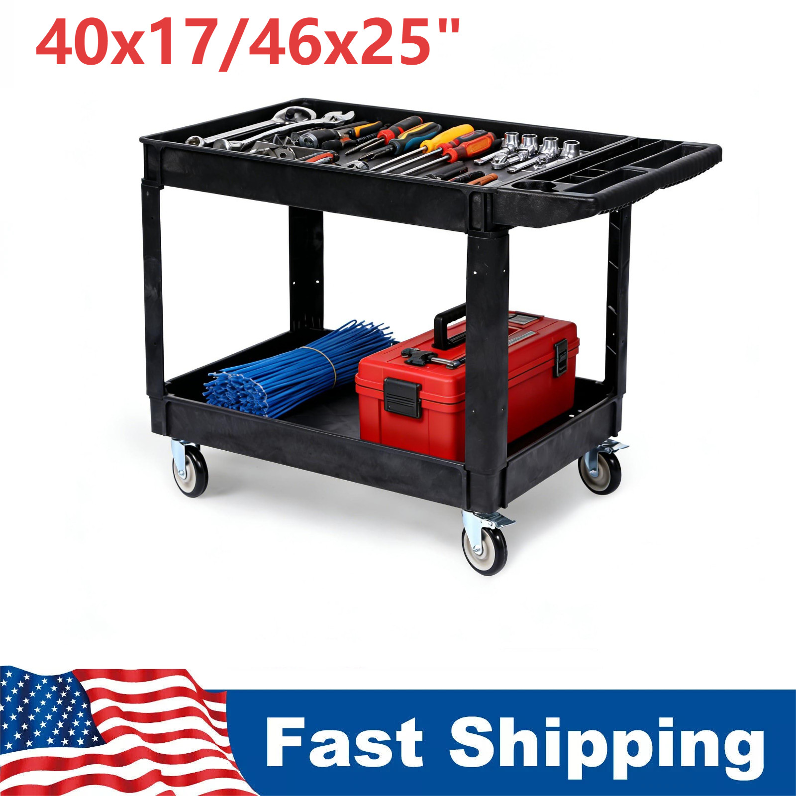 Utility Service Cart, 2 Shelf 550LBS Heavy Duty Plastic Rolling Utility Cart