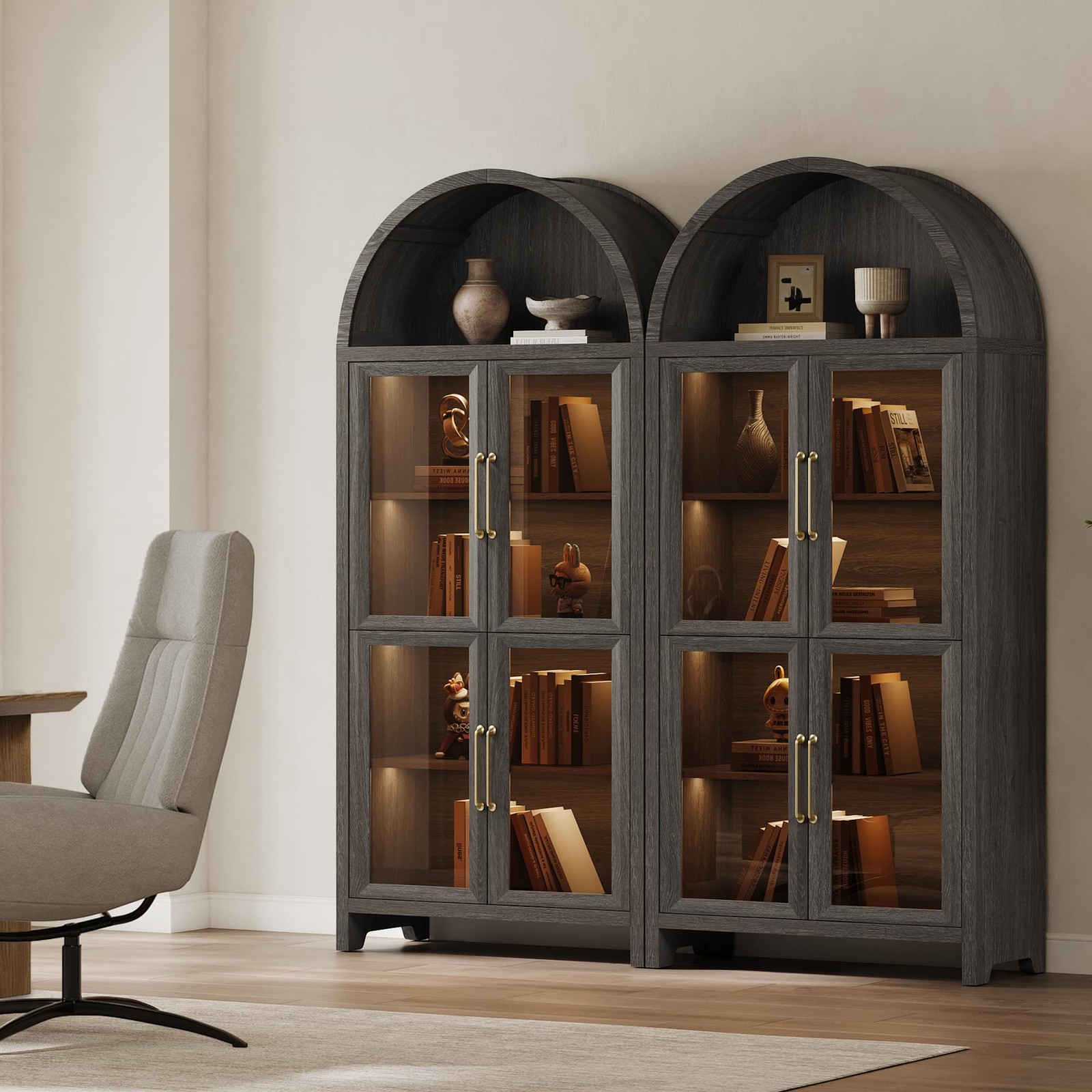 74 Arched Bookcase Glass Door 5-Tier w/LED Motion Sensor Dark Grey Oak 2PC