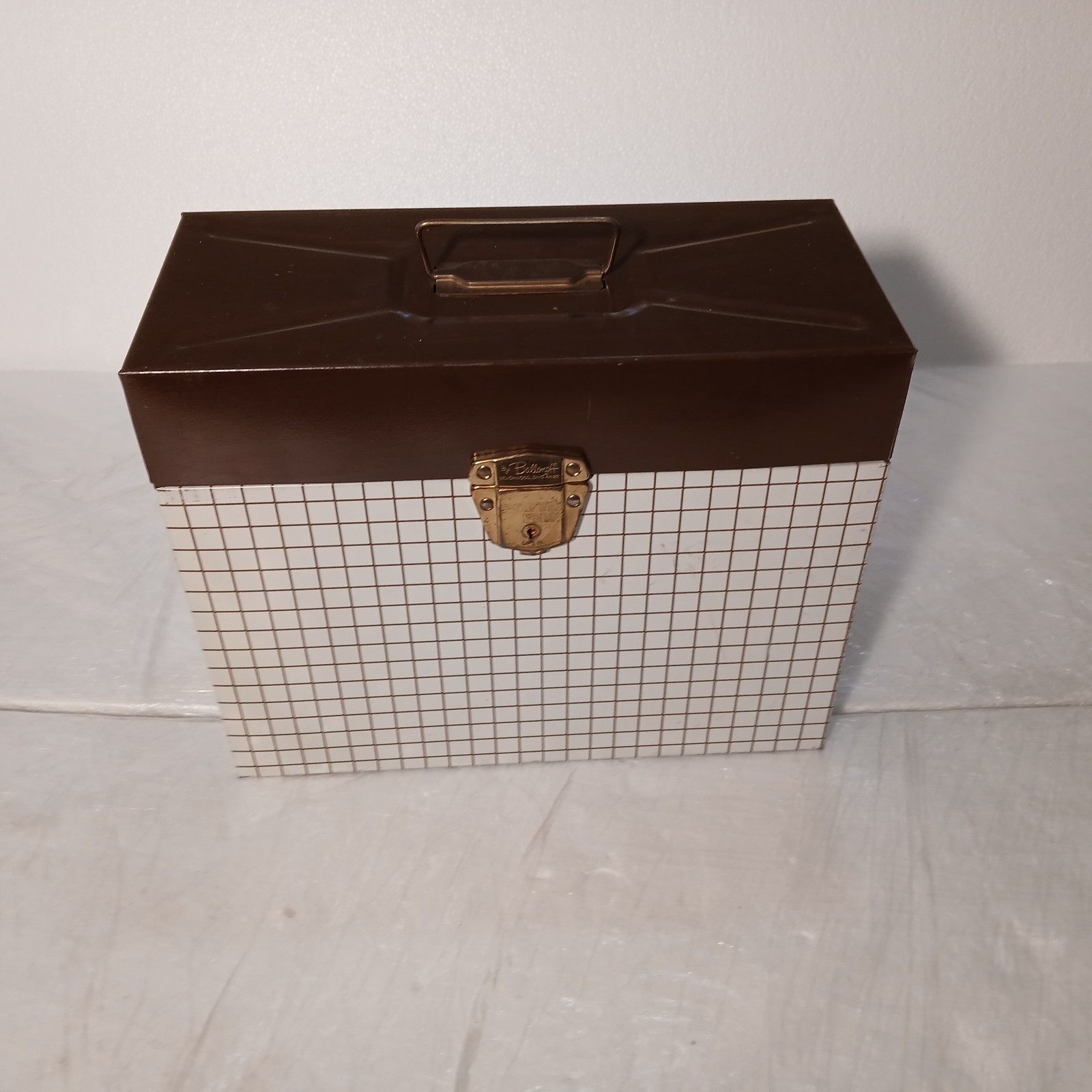 Vtg Ballonoff Porta File Metal Storage Record Box Brwn Grid Graph Pattern No Key