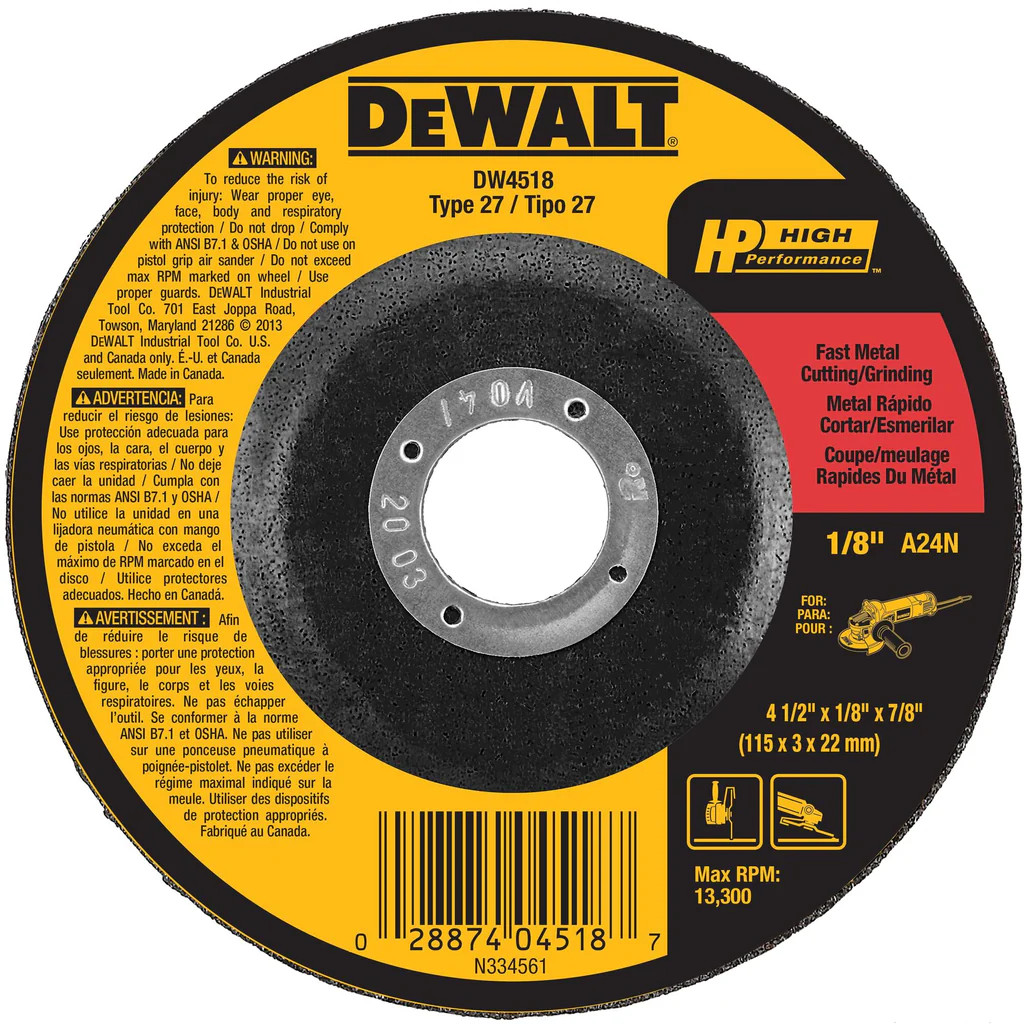 DeWalt DW4518 Grinding Wheel 4-1/2″ 1/8″ Aluminum Oxide Max RPM 13,300