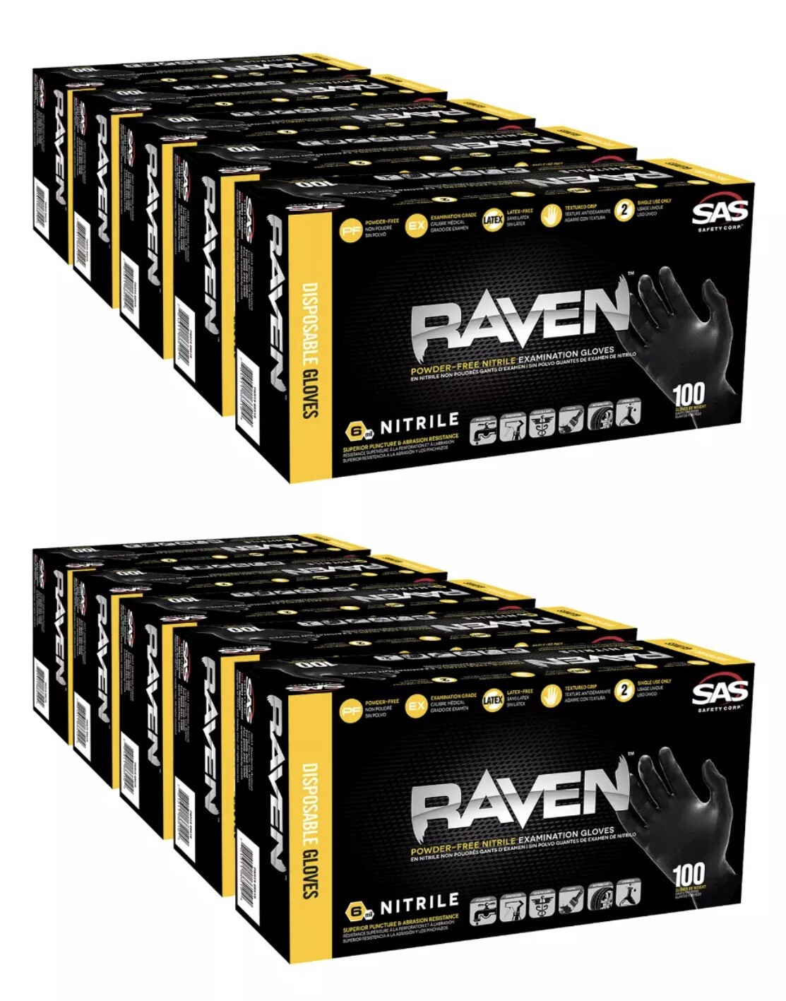 SAS 66518 Raven Powder-Free Black Nitrile Gloves LARGE ( 10 Boxes of 100 )
