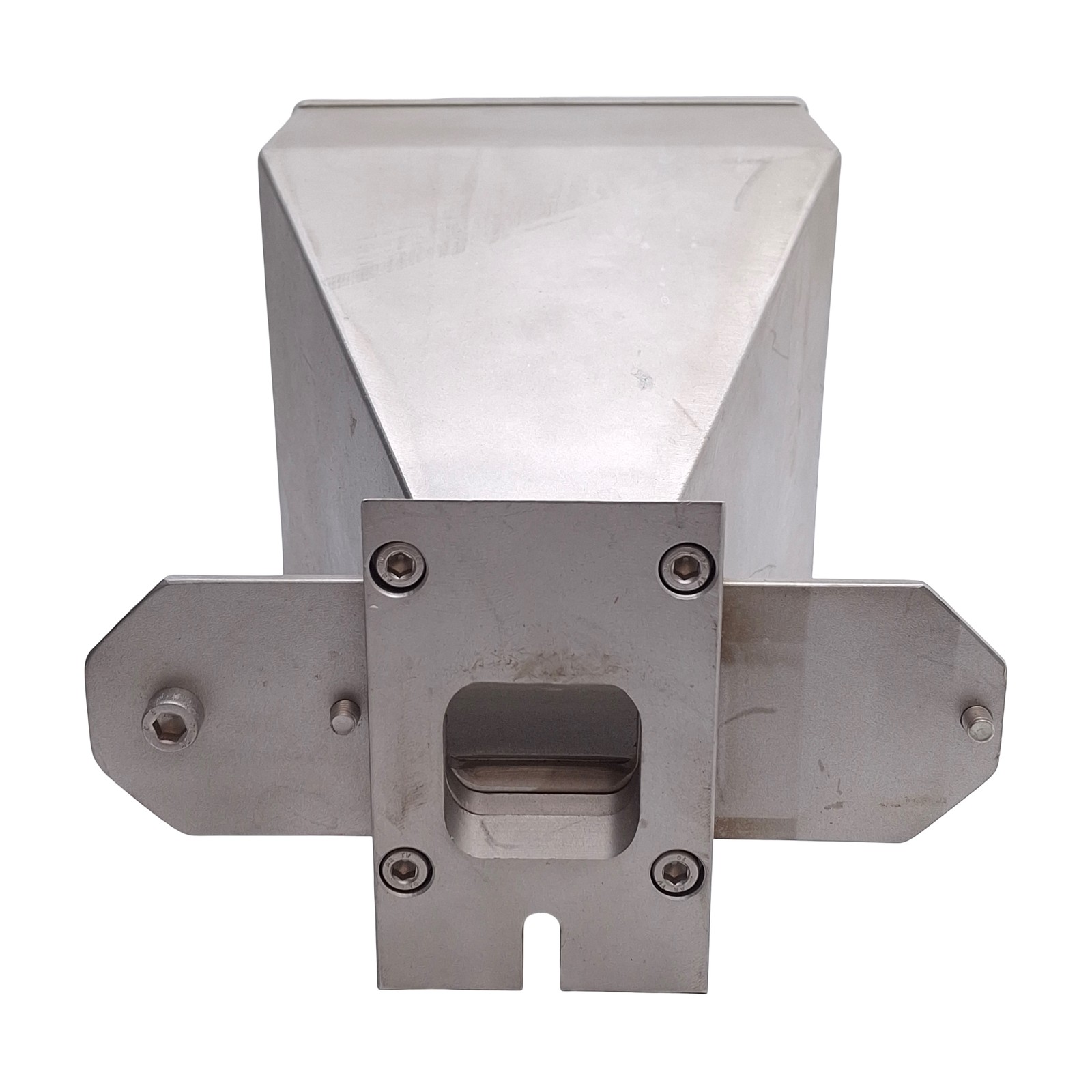 Stainless Steel Material Hopper With Latch, 132mm x 132mm Inlet, 34mm Outlet