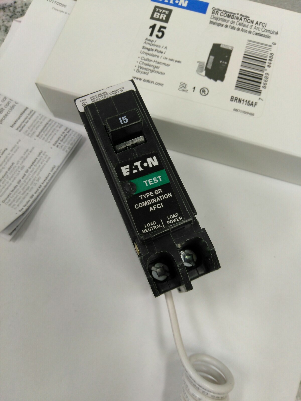 Eaton Cutler-Hammer BRN115AF 15A 120VA , 1P, BR COMBINATION AFCI Breaker(26E2
