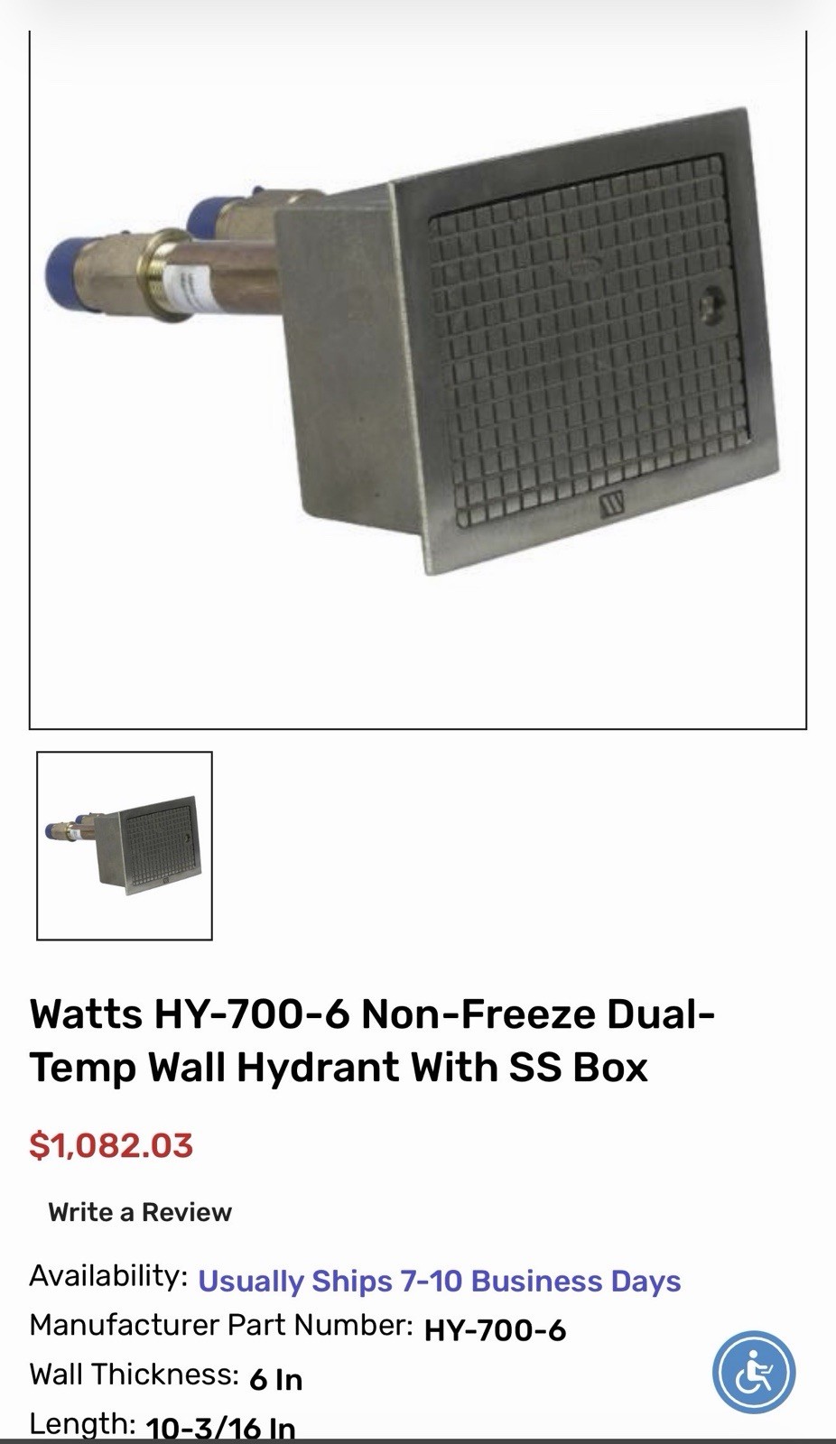 Watts HY-700-6 Non-Freeze Dual-Temp Wall Hydrant With SS Box