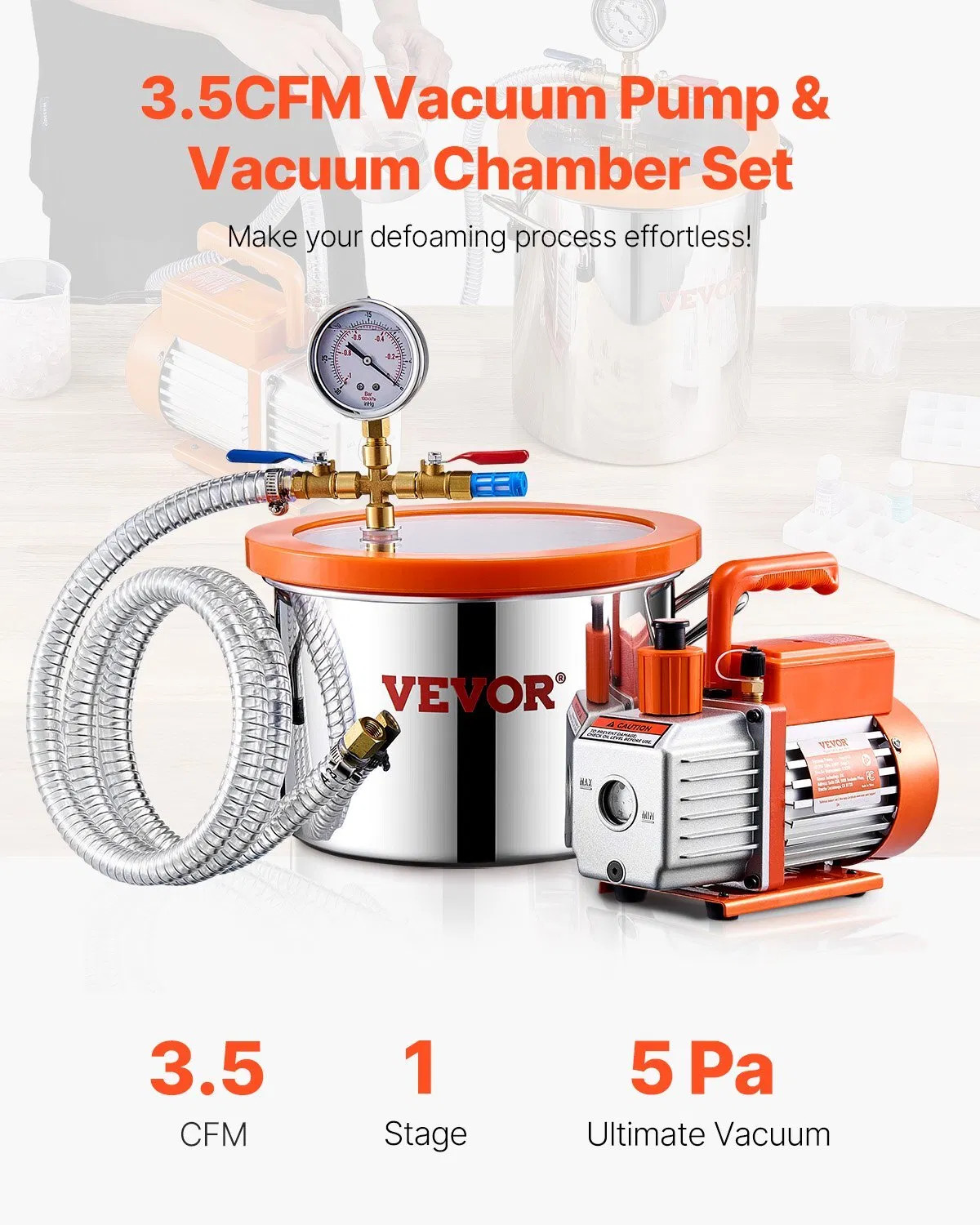 1.5 Gallon Vacuum Chamber and 3.5 CFM Pump Kit, Stainless Steel Chamber, Single