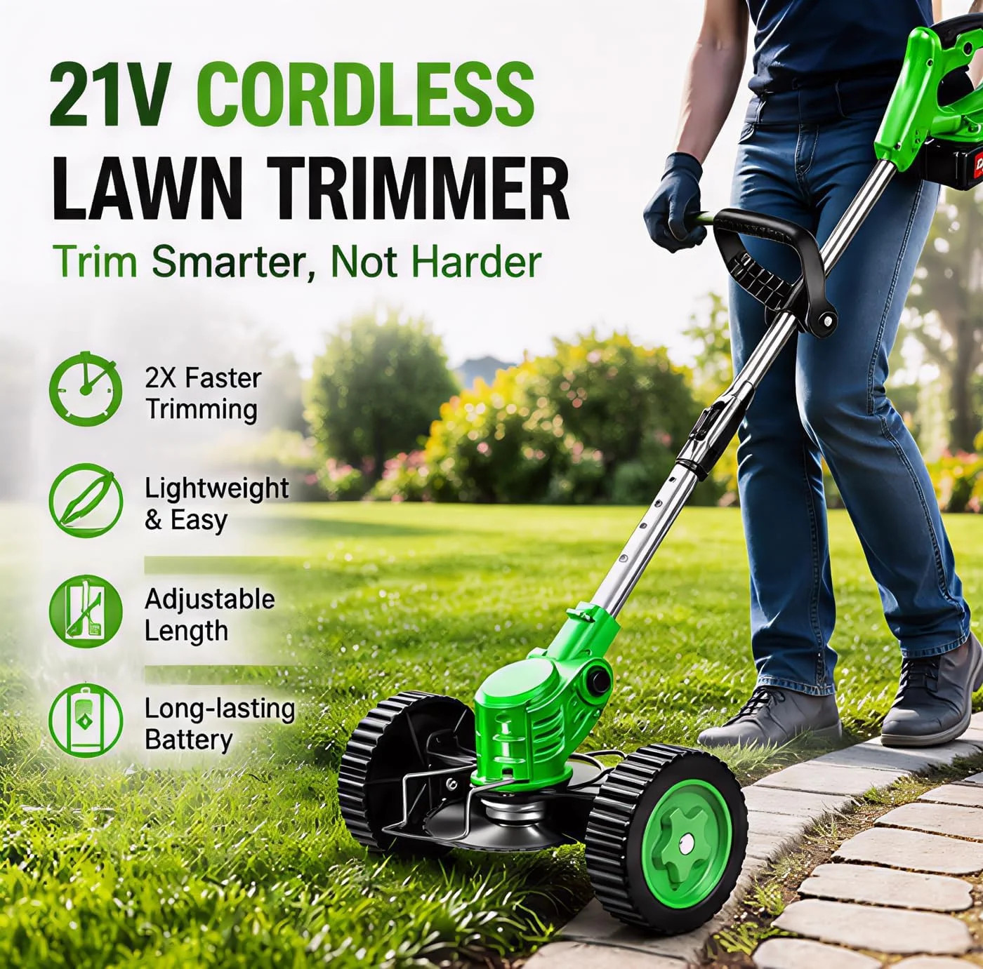 Cordless Weed Wacker with 2 Batteries, Lightweight 21V Weed Trimmer with Wheels,