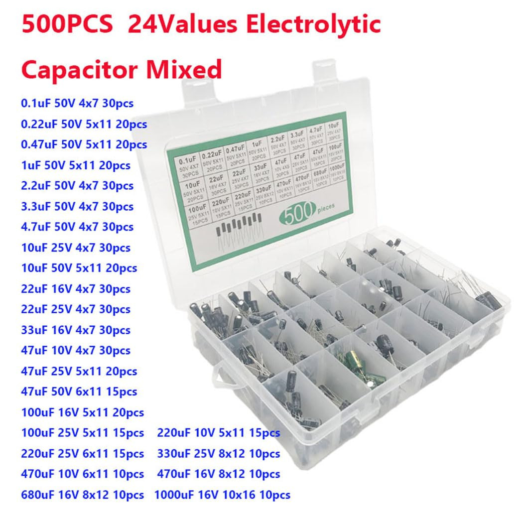 Hiletgo 500Pcs Electrolytic Capacitor Assortment Kit Box 0.1Uf-1000Uf 24 Values