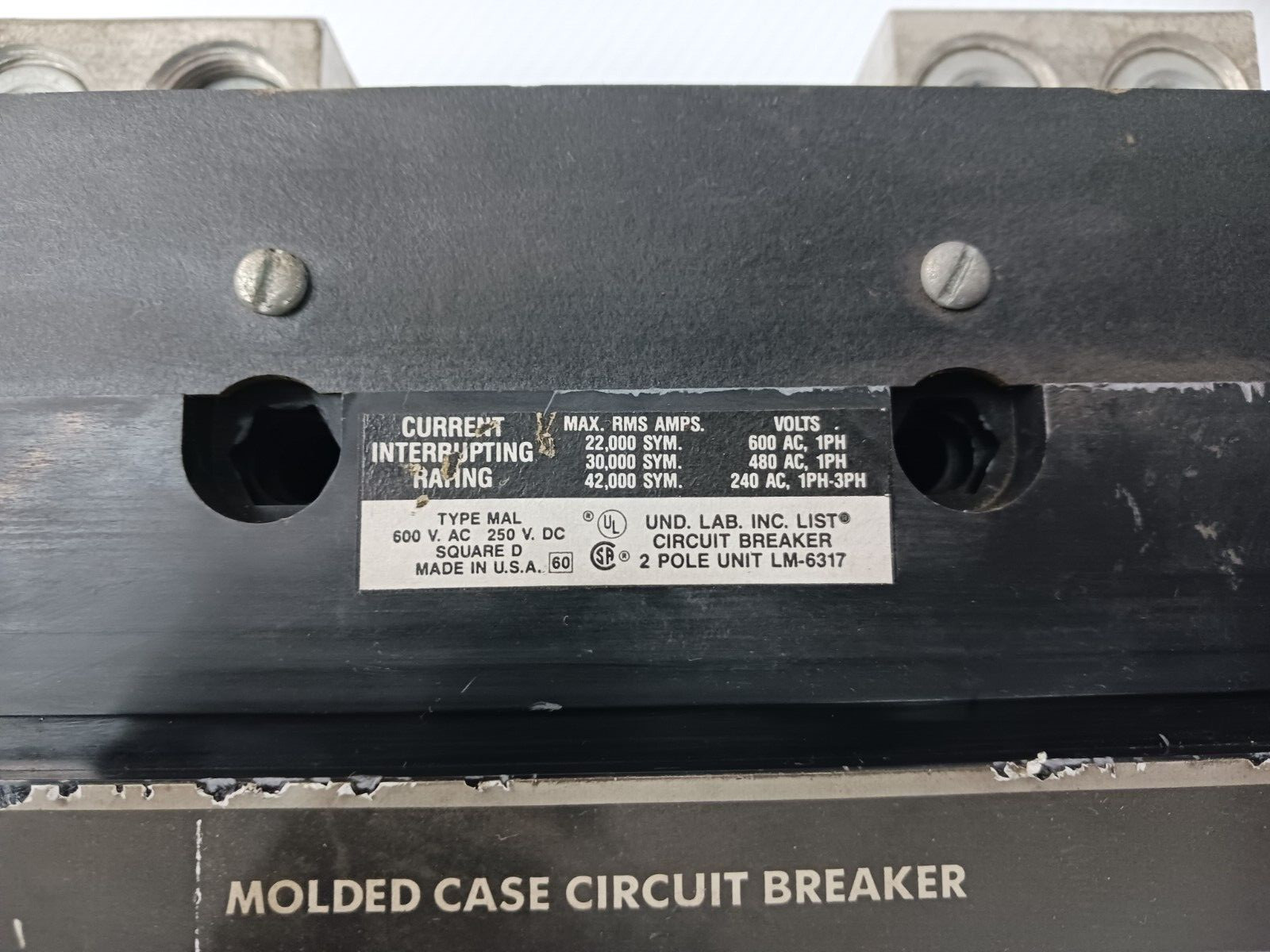 SQUARE D 400 AMP MOLDED CASE CIRCUIT BREAKER 2 POLE 600 VAC MAL26400