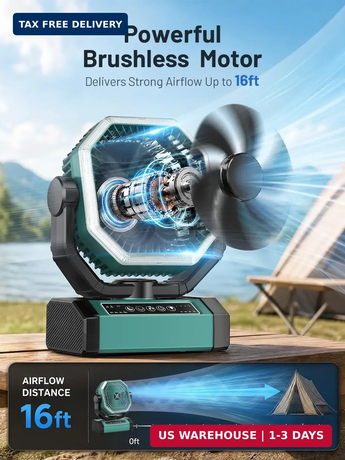 Portable Rechargeable Fan – 9-Inch Camping Fan for Tent, 24000mAh(60Hrs) Battery