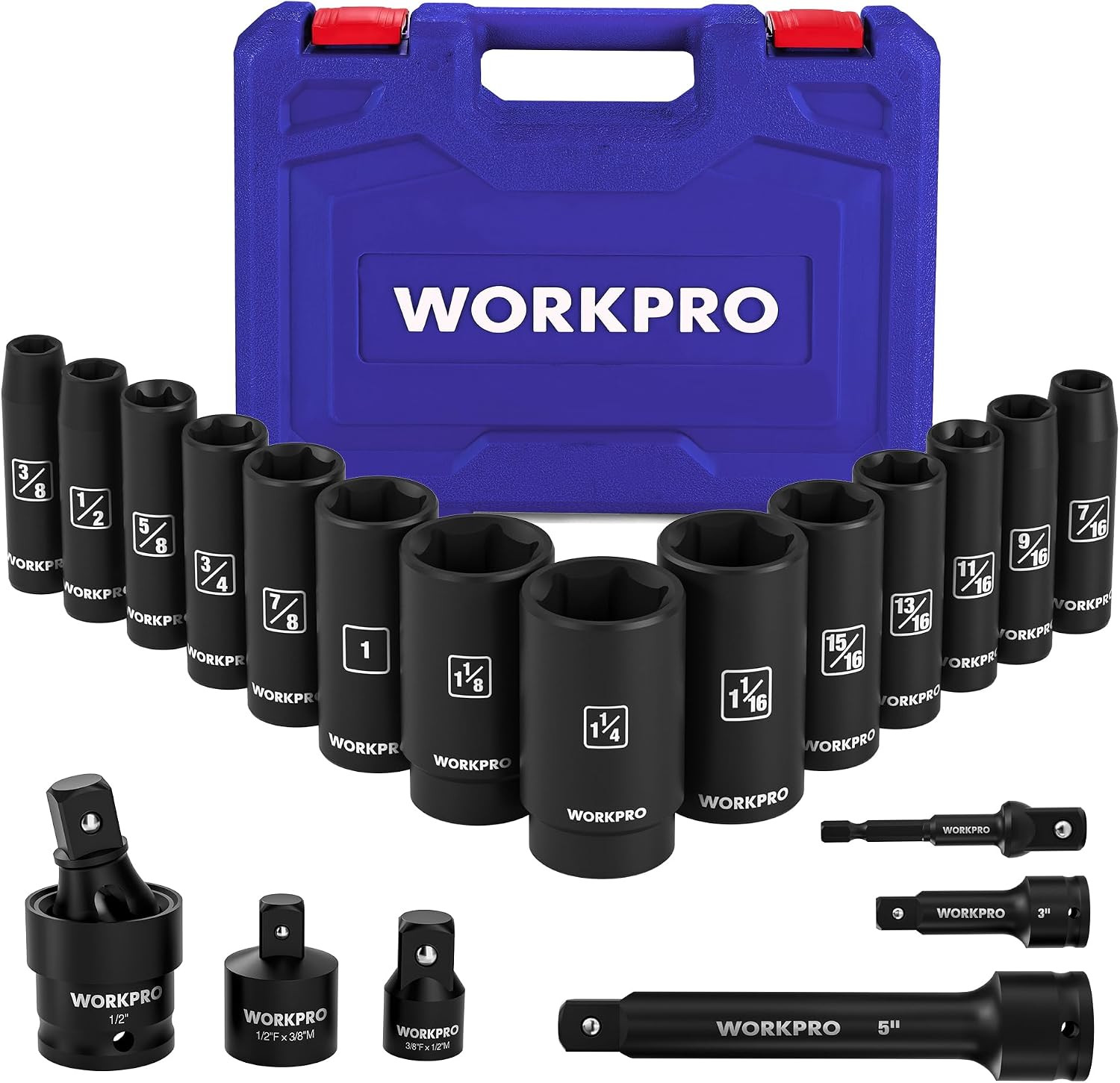 20-Piece 1/2＂ Drive Deep Impact Socket Set, SAE | 6-Point, Cr-V Steel, 3/8″-1-1/
