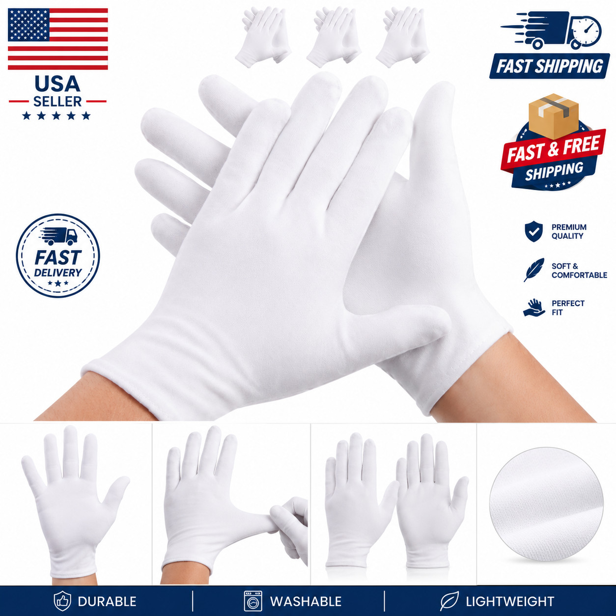 3 Pairs White Cotton Gloves Moisturizing Overnight Dry Hands Eczema Jewelry XL