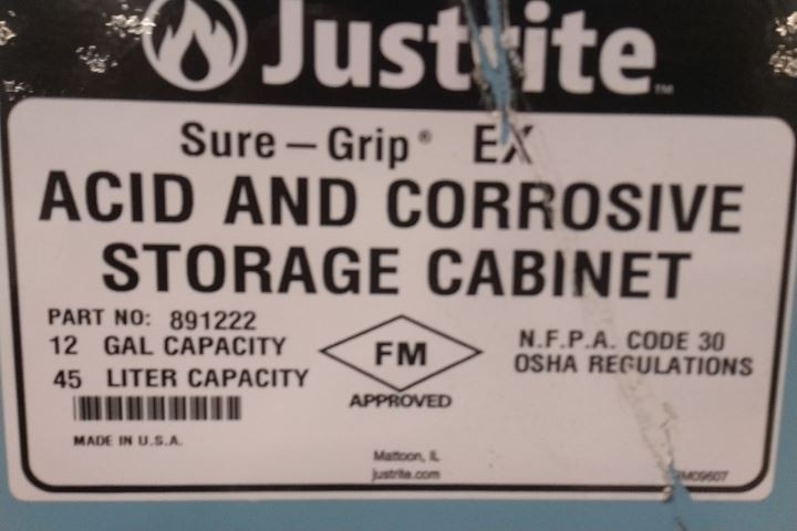 Justrite 891222 12 Gal Storage Capacity Blue Steel Corrosives Safety Cabinet