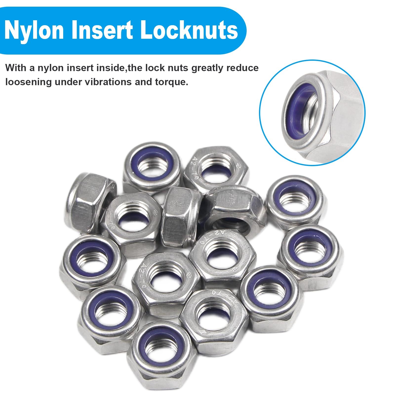 100PCS M5 Locknuts M5x0.8mm Nylon Insert Hex Lock Nuts 304 Stainless Steel Me…