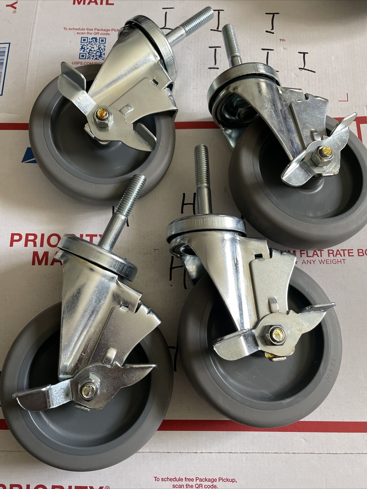 4X Caster 5”x 1-1/4″ Polyurethane Wheel With 2.75 Inch Stem Caster with Brake