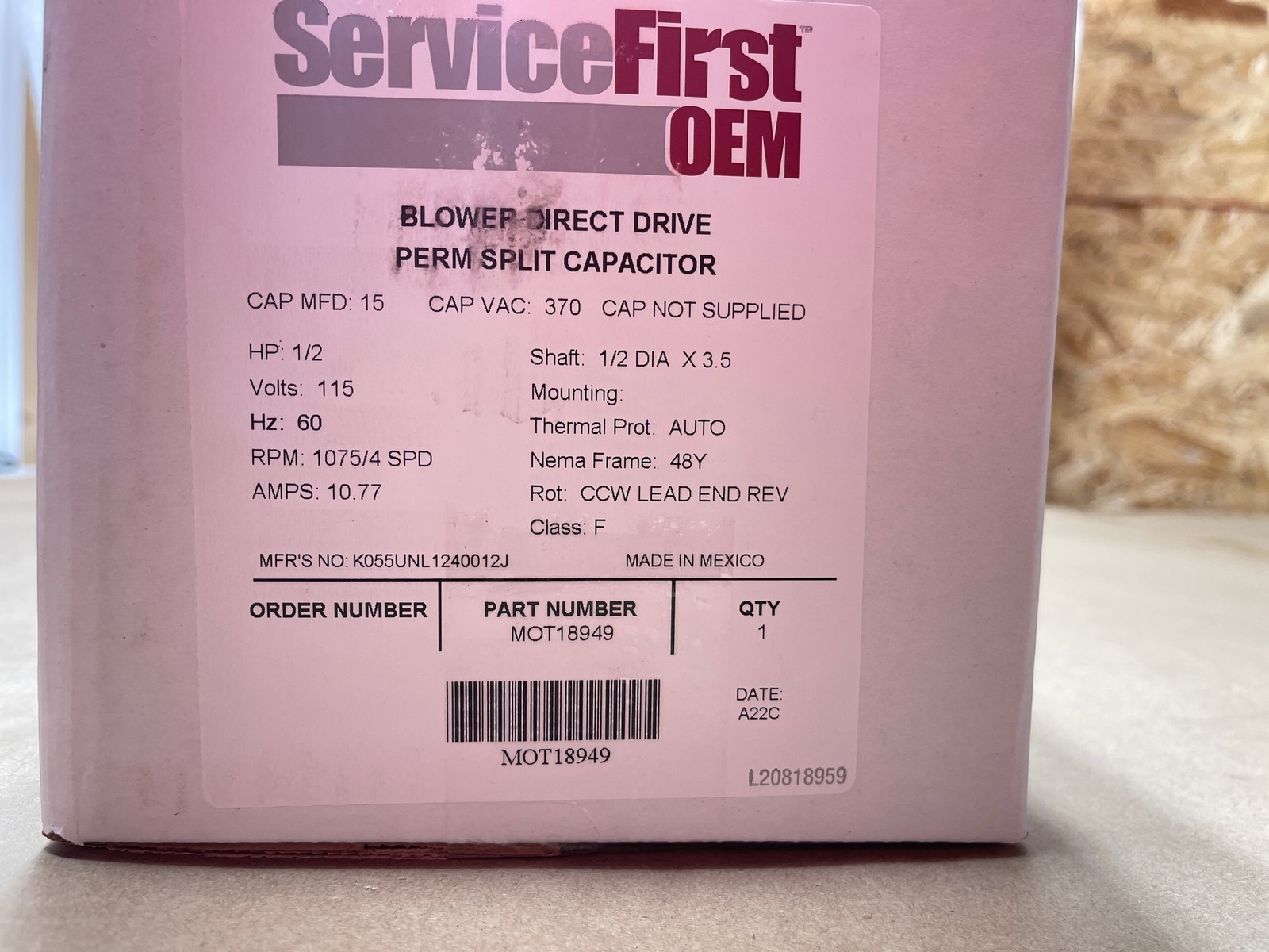 Trane MOT18949 Blower Motor 1/2HP 115V 120V 1PH 1075RPM 4Speed 48Y Frame