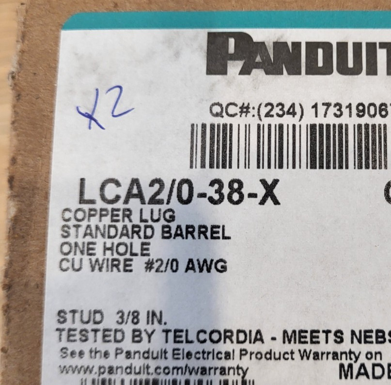 Panduit LCA2/0-38-X Copper Compression Lug 1-Hole #2AWG 3/8″ Stud Quantity 50
