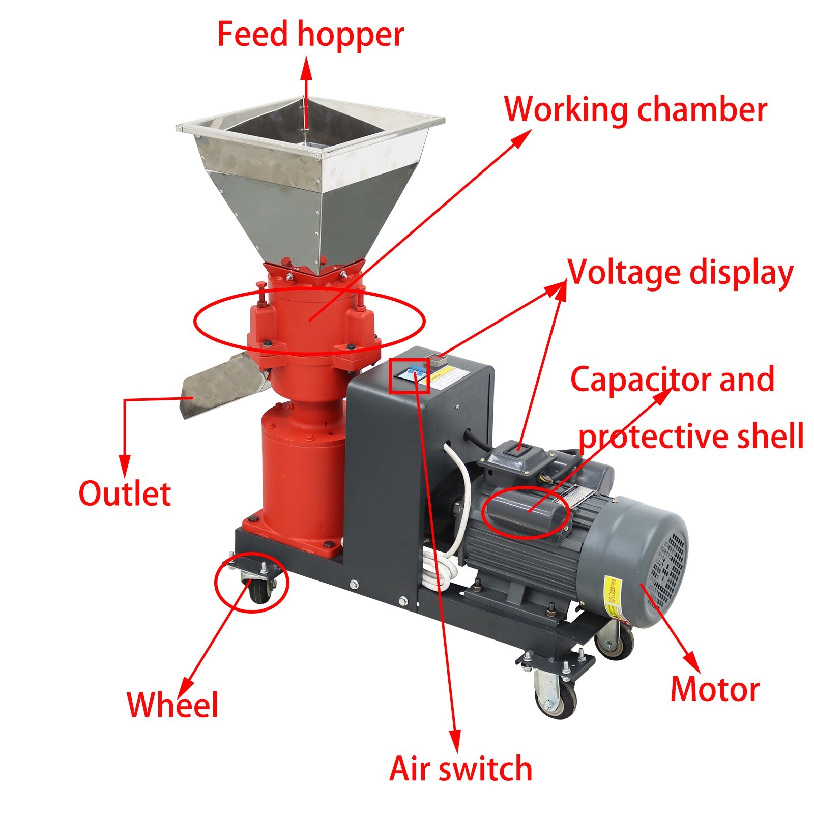 150kg/h Output 2.5mm Plate Animal Feed Pellet Mill Machine 220V 3-roller Head