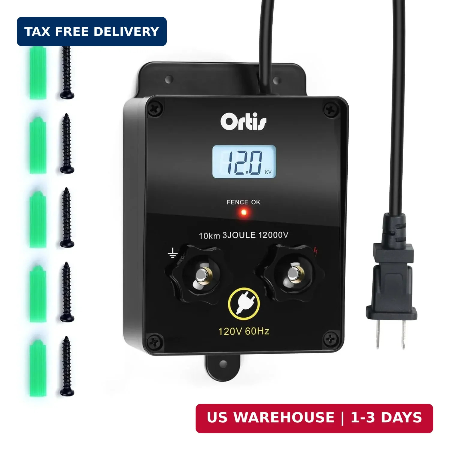 Electric Fence Energizer with LCD Display, Ortis 12,000V 3 Joules Electric Fence