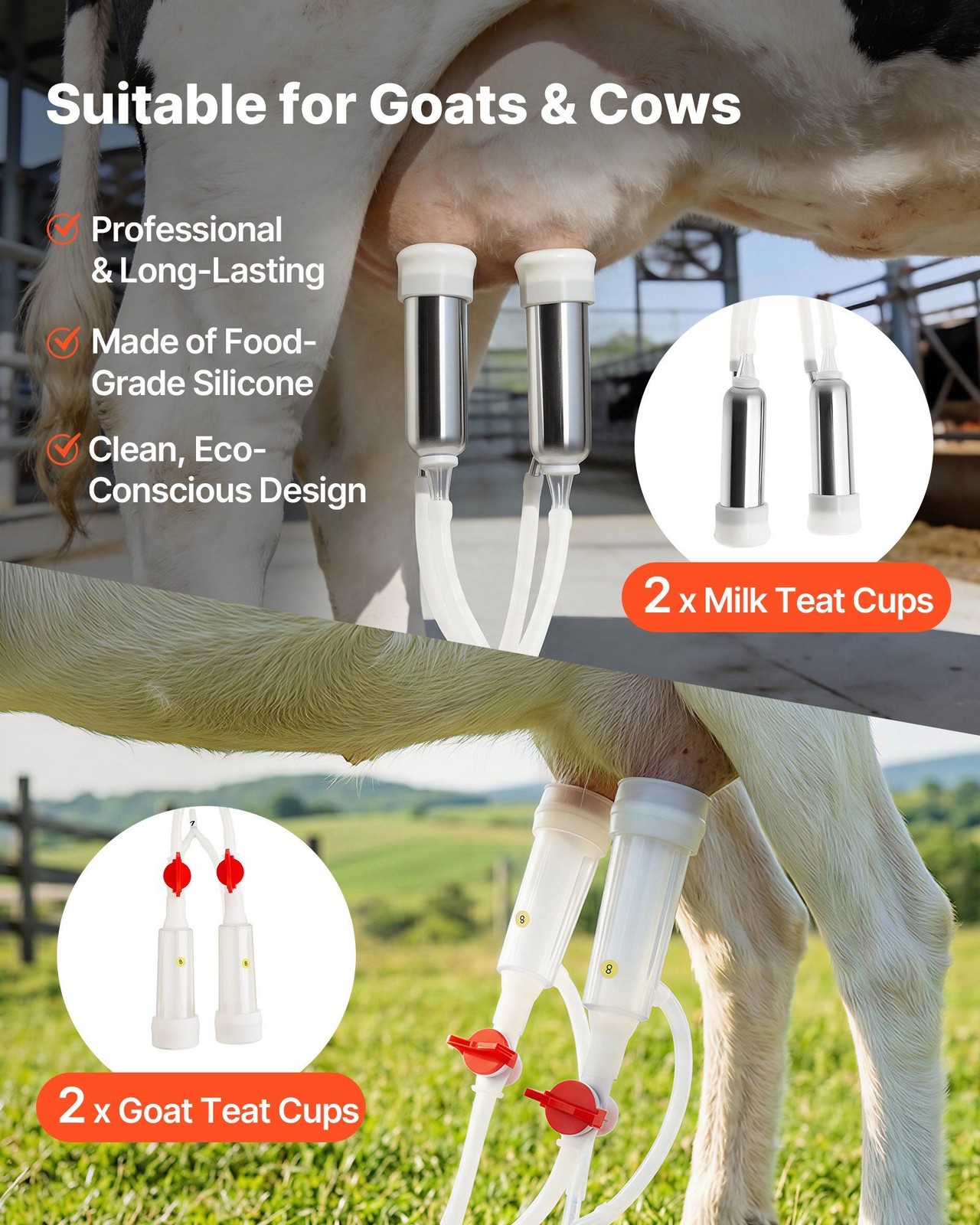Goat Milking Machine w/ Adjustable Suction (45-50kPa), 12L SS Bucket, Battery
