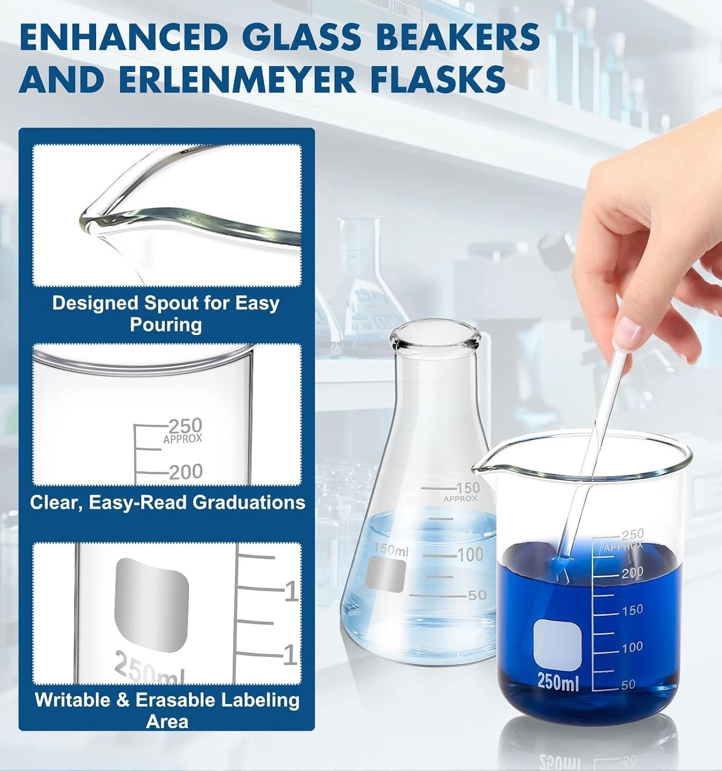 Set of 19,Laboratory Glassware Set Science Lab Chemistry Beaker 50/100/250/500ML