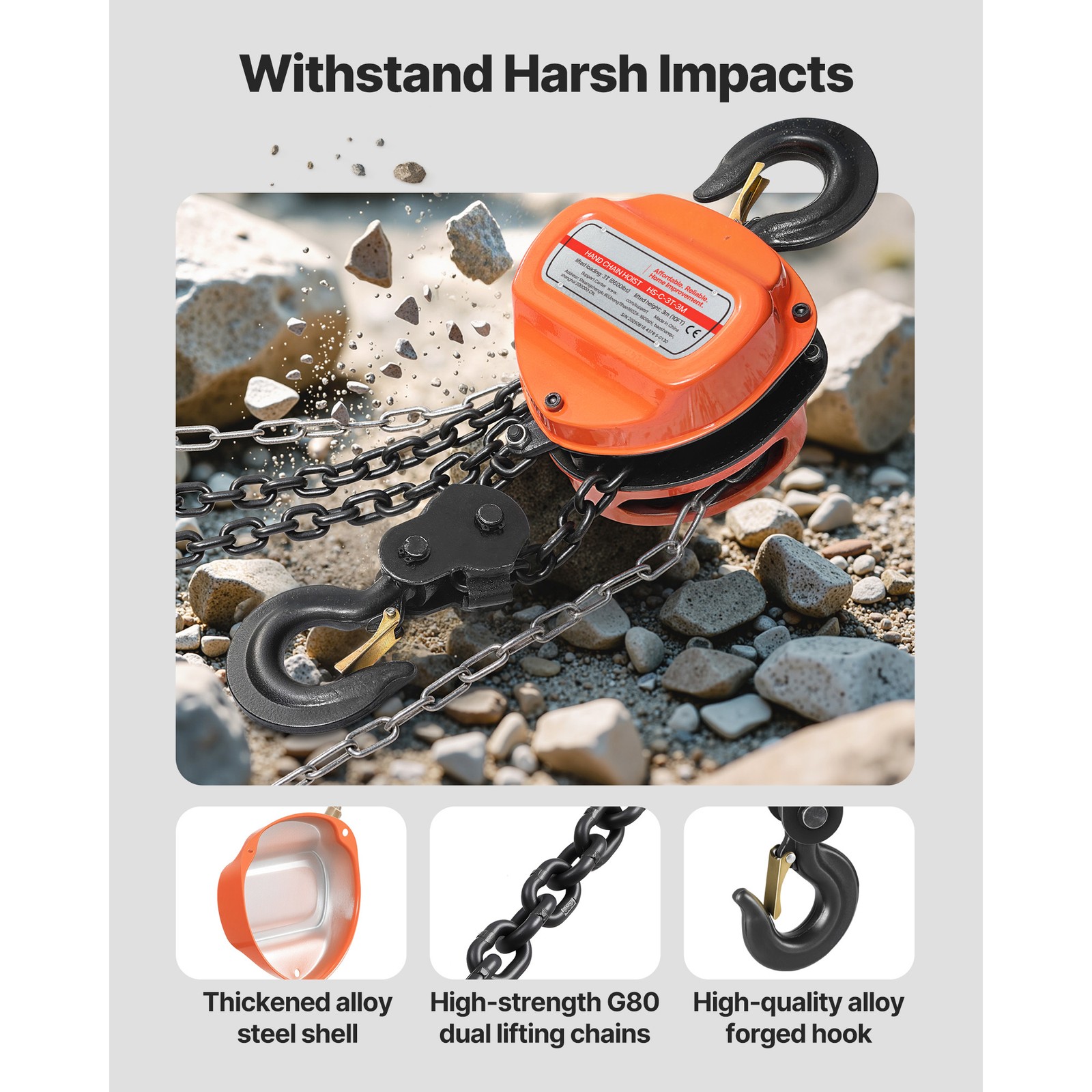 Uimoso Manual Chain Hoist 1100-6600lbs Load w/10/20ft G80 Chain 1T/2T/3T