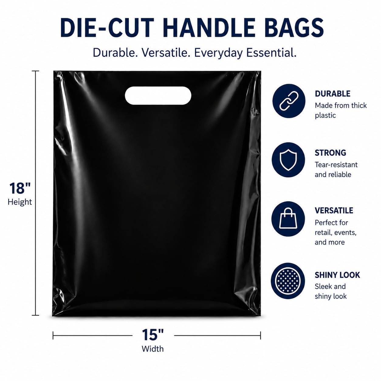 Purple Q Crafts 100 Pack Black Plastic Merchandise Bags with Die Cut Handles, 15