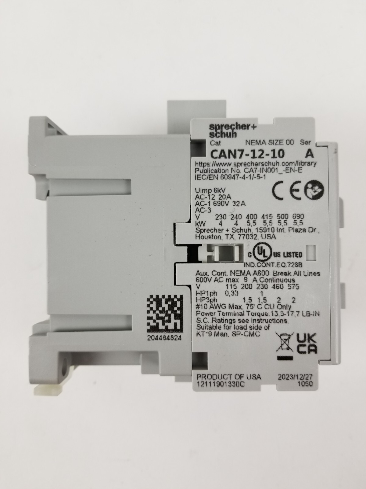 Sprecher + Schuh CAN7-12-10-120 Contactor SER. A 12A 3-Pole 110/120 VAC NEW