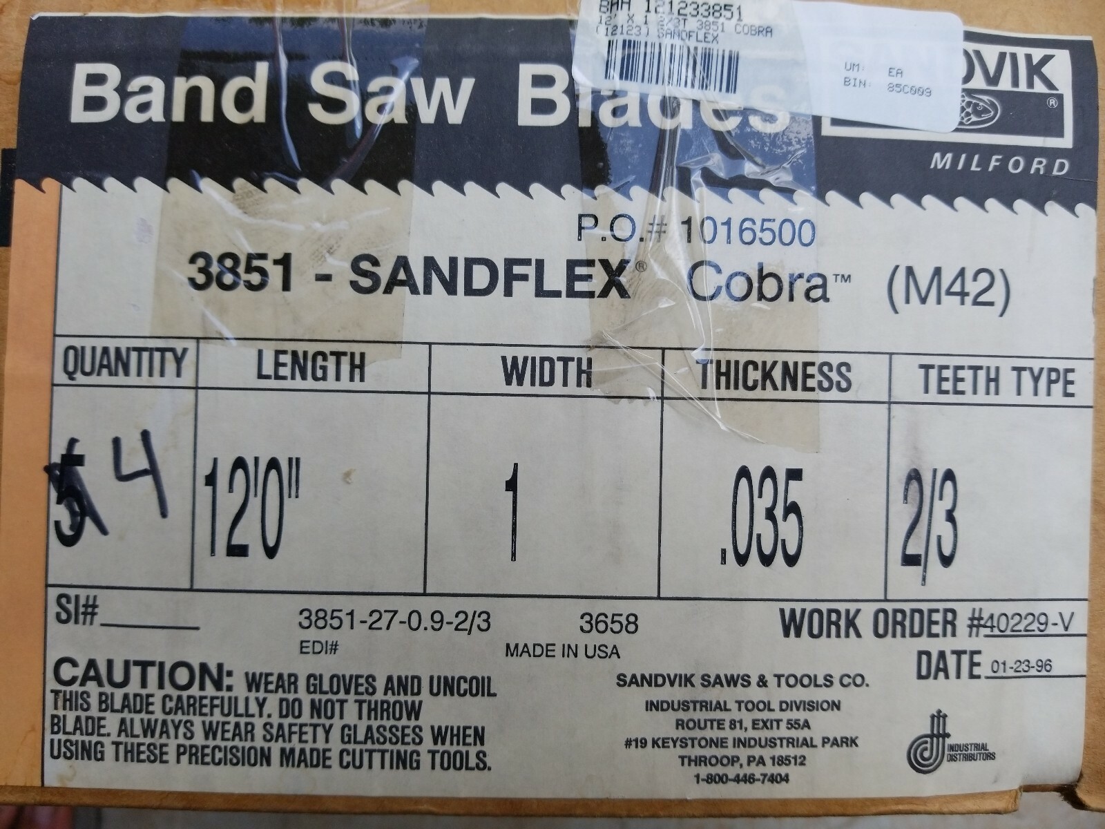1 pc 3851-27-0.9-2/3 3658 Sandflex Cobra M42 Bandsaw Blade 12′ 0″ x 1 x .035 2/
