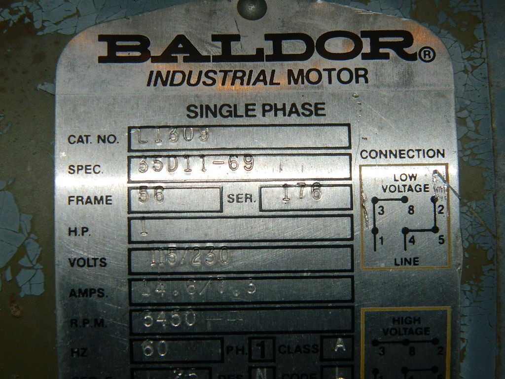 Baldor Industrial Motor Single Phase L1309 1HP 115/230 Volt 3450 RPM 5/8″ Shaft
