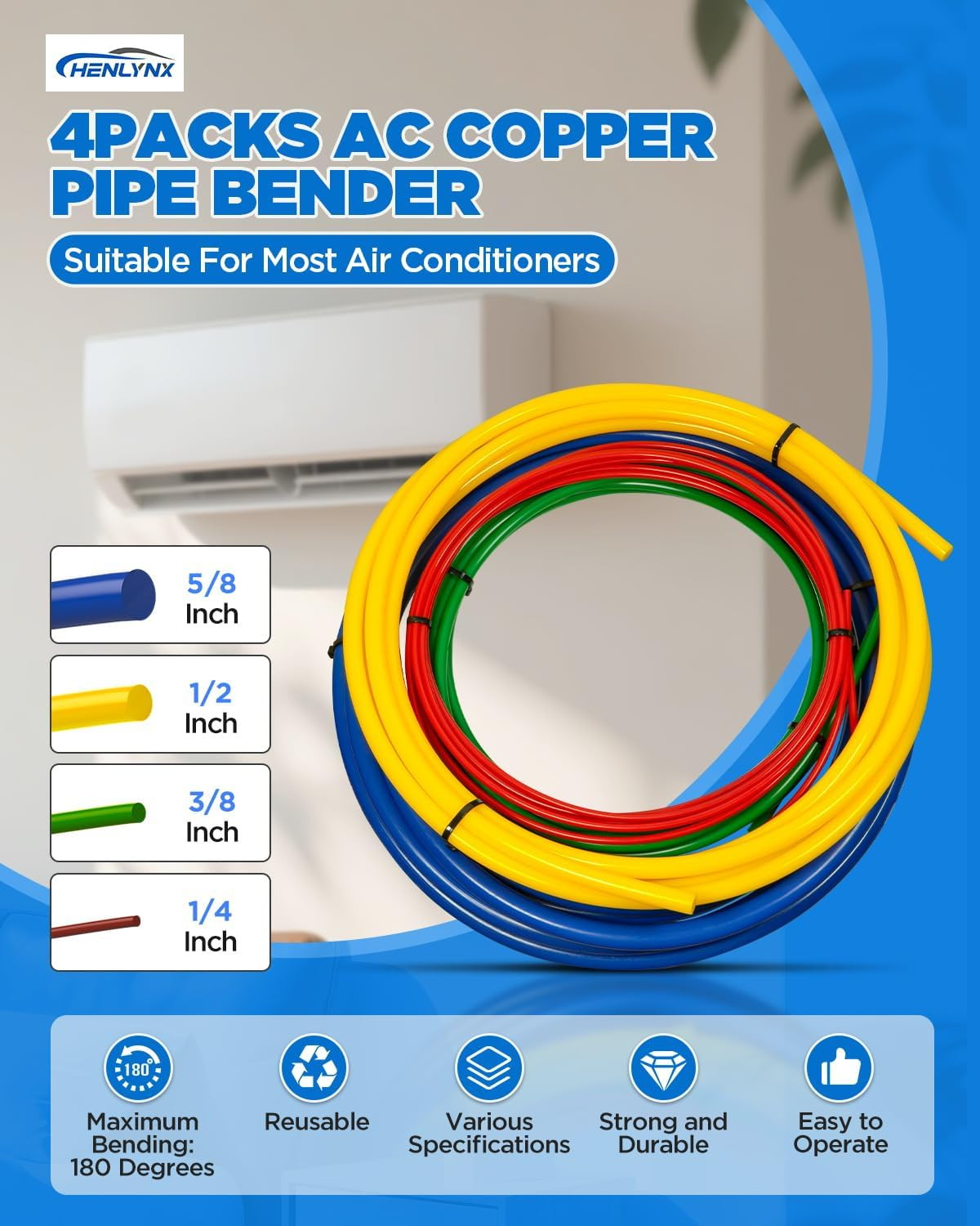 4PCS Copper Tube Bender Kit, 4M(13Ft) X 1/4″ 3/8″ 1/2″ 5/8″ HVAC Pipe Bending Sp